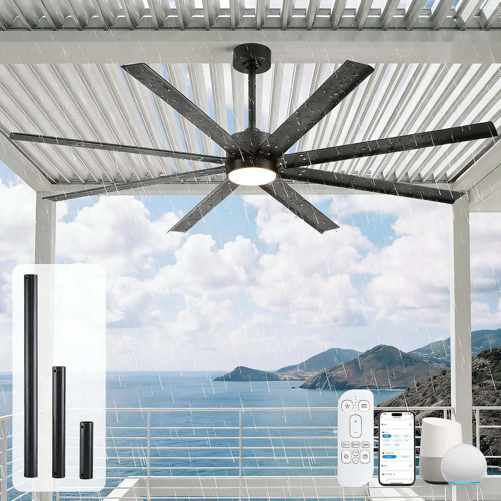 72 Inch Waterproof Outdoor Ceiling Fan with Light, Smart Ceiling Fan with Alexa/APP Control, 8 Modern Black Aluminum Blades, Large Airflow Reversible Quiet DC Motor, Wet-Rated for Patios Gazebo Garage