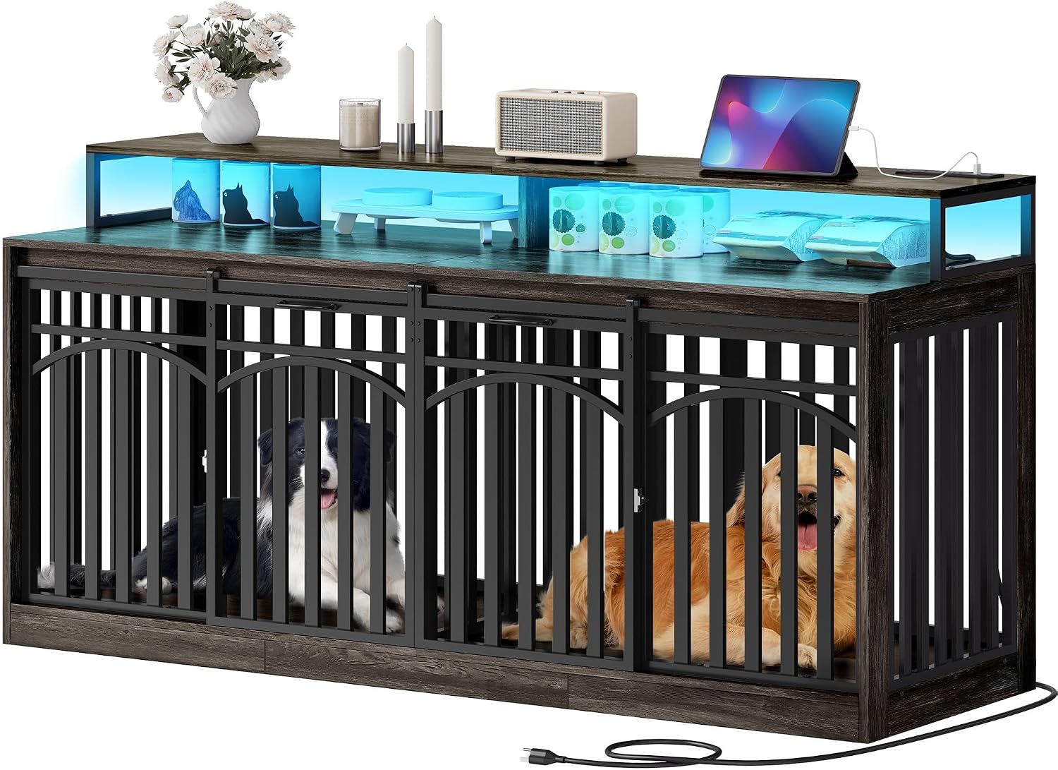 DWVO 71' Double Dog Crate Furniture with LED Light & Power Outlets, Heavy Duty Dual Dog Kennel TV Stand w Storage Shelves Sliding Doors, Wooden Two Dog Cage Table 2 Medium Large Dogs, Black Oak