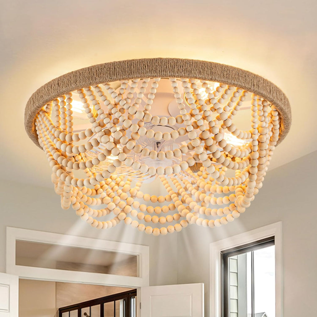 Bella Depot 20' Boho Ceiling Fan with Light, Flush Mount Wood Beaded Fandelier Chandelier Fan, 6 Speeds Reversible Bladeless Ceiling Fan for Bedroom Living Room Kitchen (Wood)