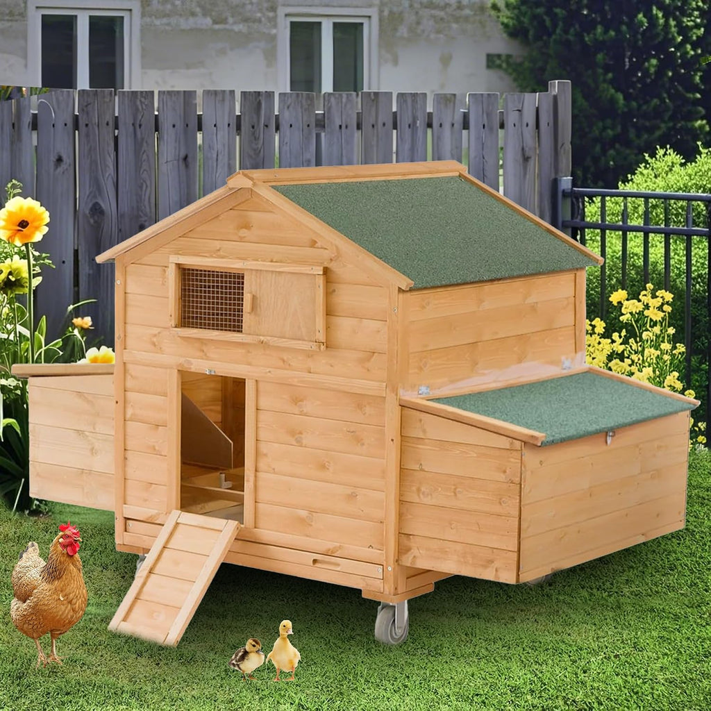 Mobile Chicken Coop with Wheels, Large Hen House with Nesting Boxes,Portable Chicken House for 4-6 Chicken,Wooden Poultry Cage,Waterproof Rabbit Cage,Duck Coop