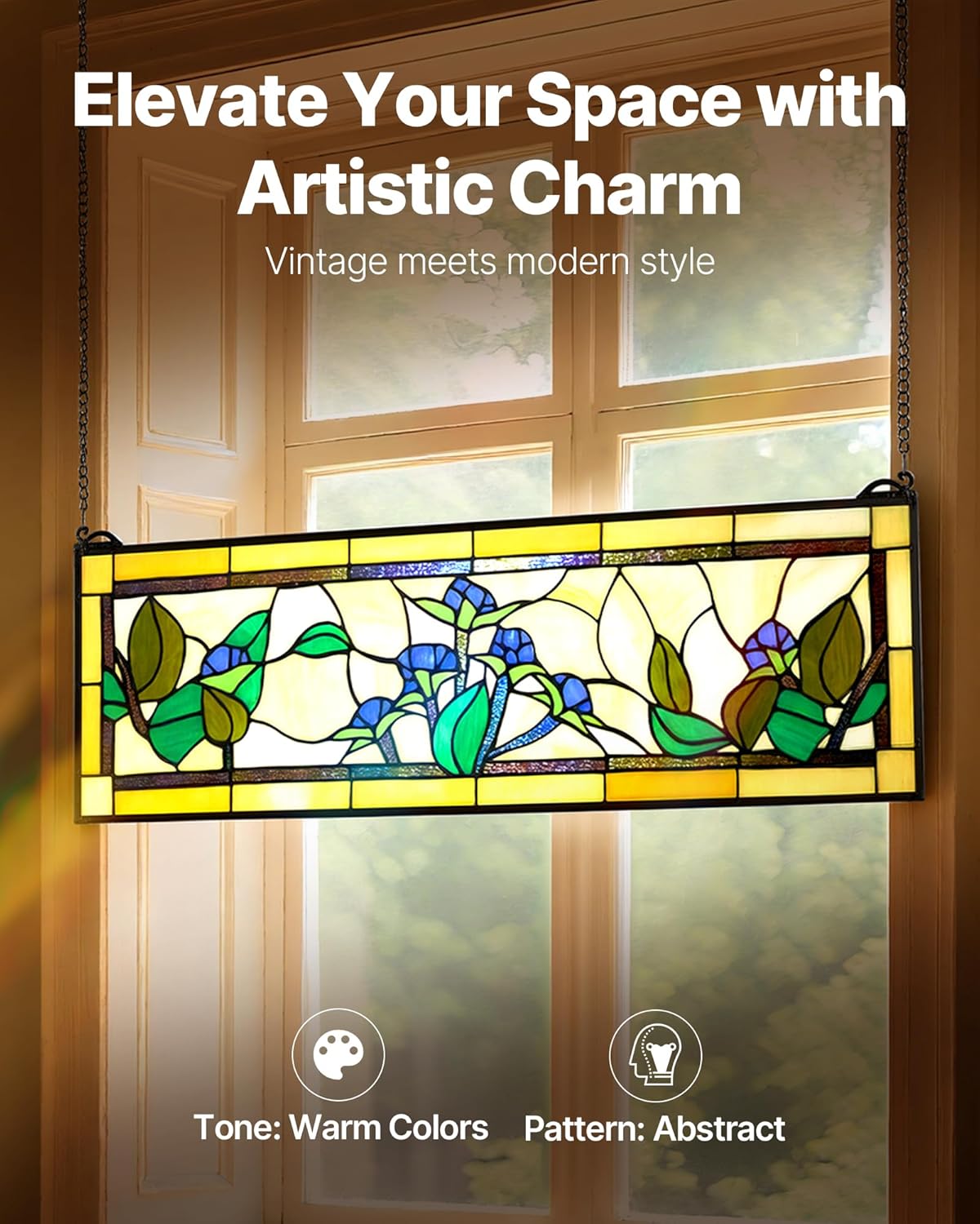 VEVOR Stained Glass Window Panel, 32.0' x 10.0' Tiffany Style Hanging Transom Window Panel with Chain, Large Horizontal Rectangle Stain Glass, Vintage Traditional Art Handcrafts for Kitchen Home Decor