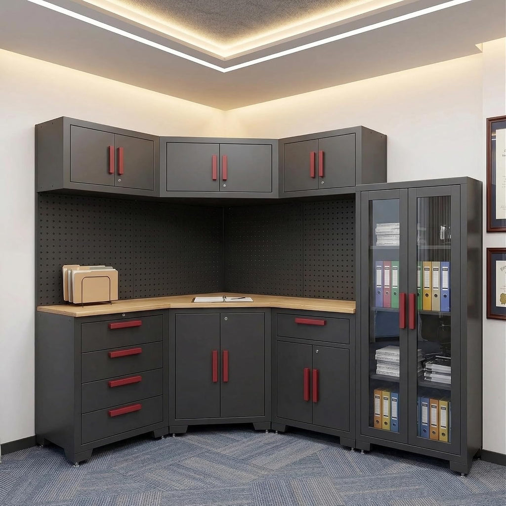 Corner Workshop Set,10Pcs Garage Cabinets and Storage System with Corner Cabinet, Cabinet Drawers, Workbench, Pegboard for Tool Organization, Red Handle