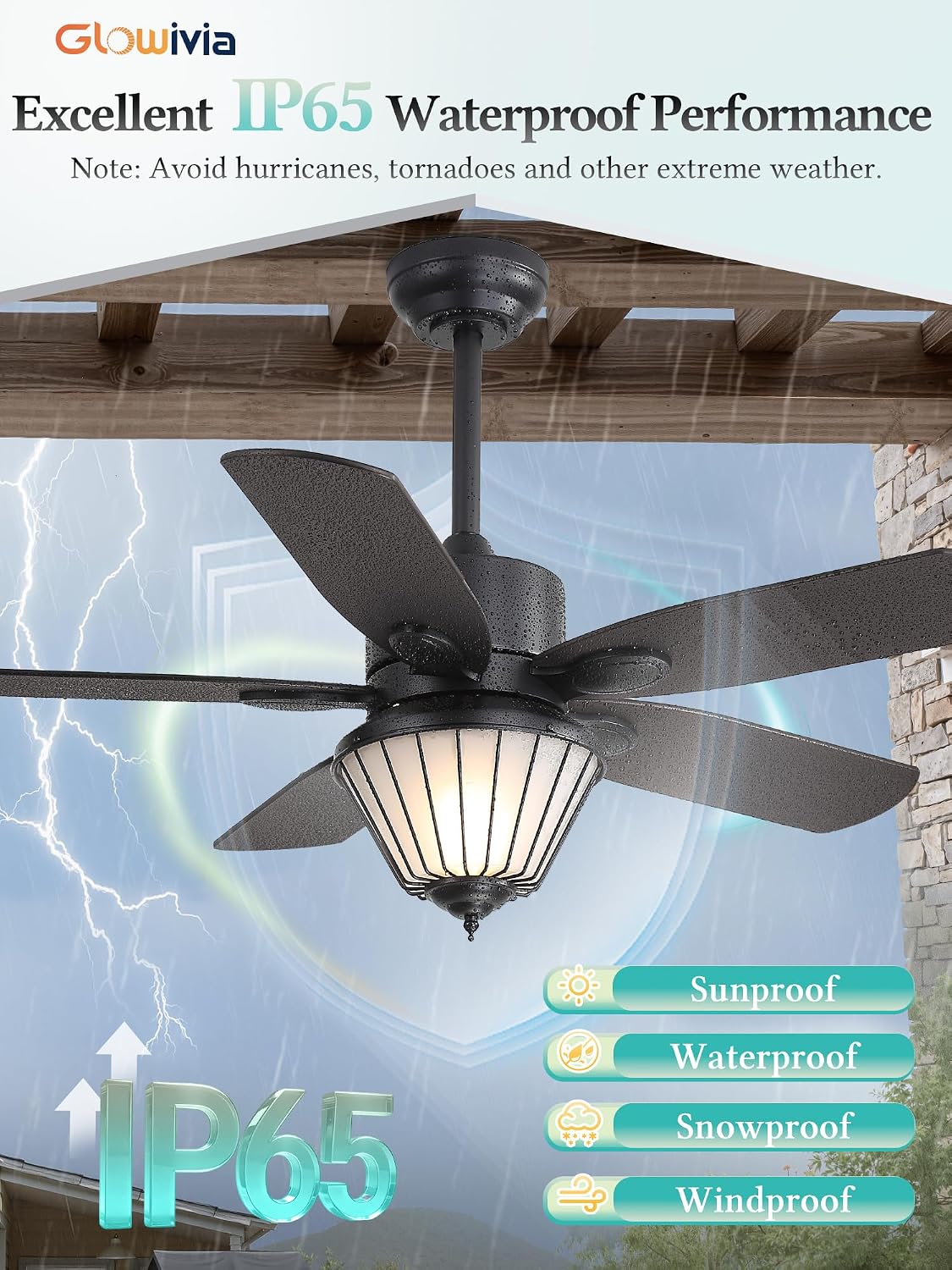 42 Inch Waterproof Outdoor Ceiling Fan with Lights, IP65 Waterproof, Remote Control, 6-Speed Quiet DC Motor, 5 Dual Finish Blades, Farmhouse Ceiling Fan for Patios Porch Pavilion (Black)