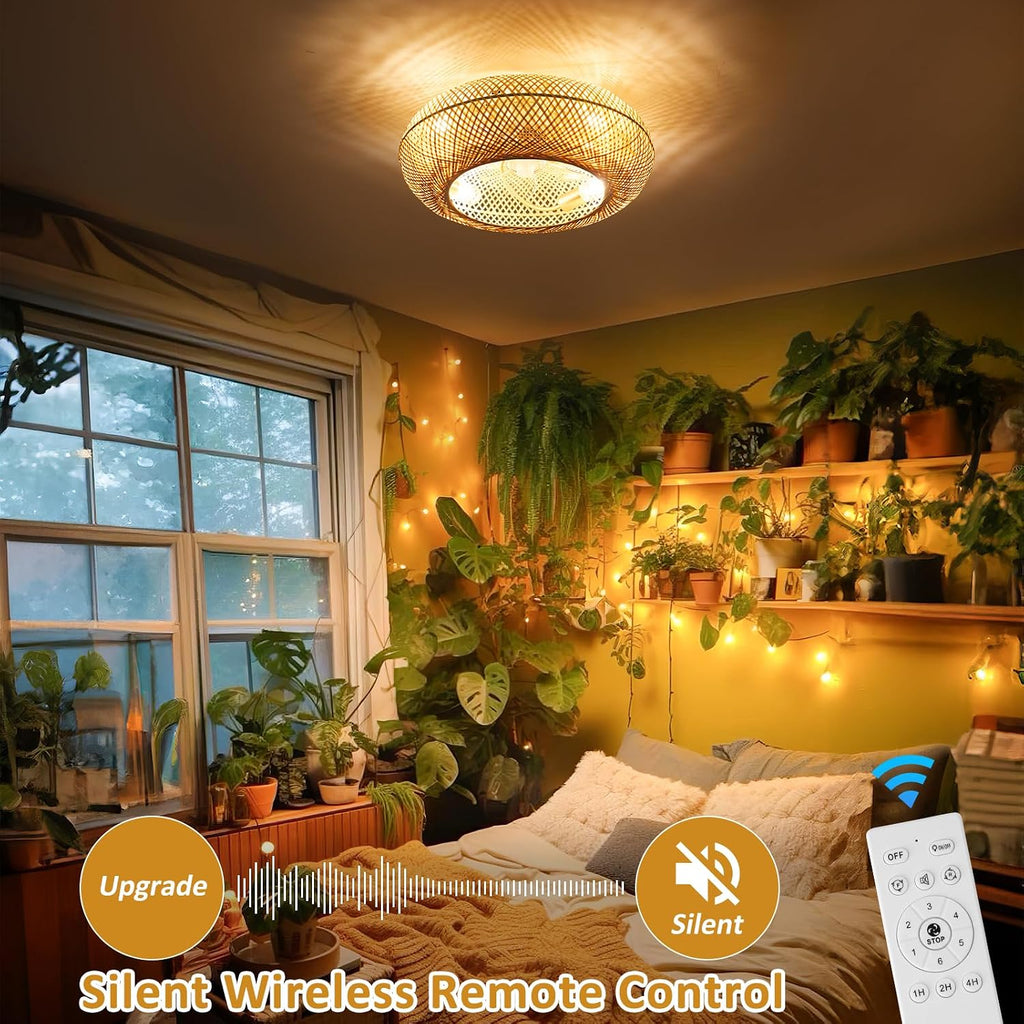 ainqiant 20' Boho Ceiling Fans with Lights,Rattan Caged Flush Mount Ceiling Fan with Light, Enclosed Timing 6 Speeds Reversible for Living Room Bedroom Dining Room