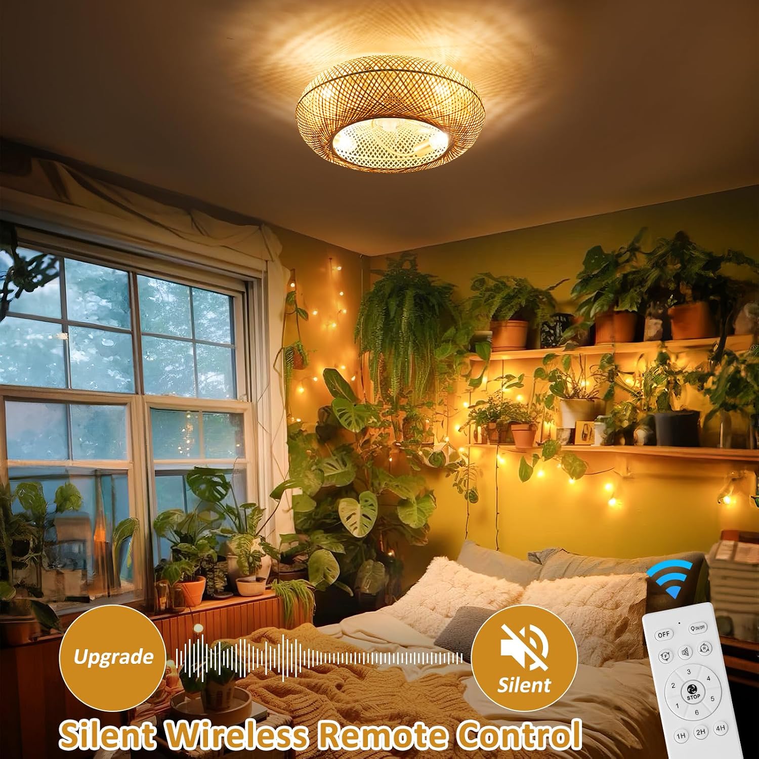 ainqiant 20' Boho Ceiling Fans with Lights,Rattan Caged Flush Mount Ceiling Fan with Light, Enclosed Timing 6 Speeds Reversible for Living Room Bedroom Dining Room