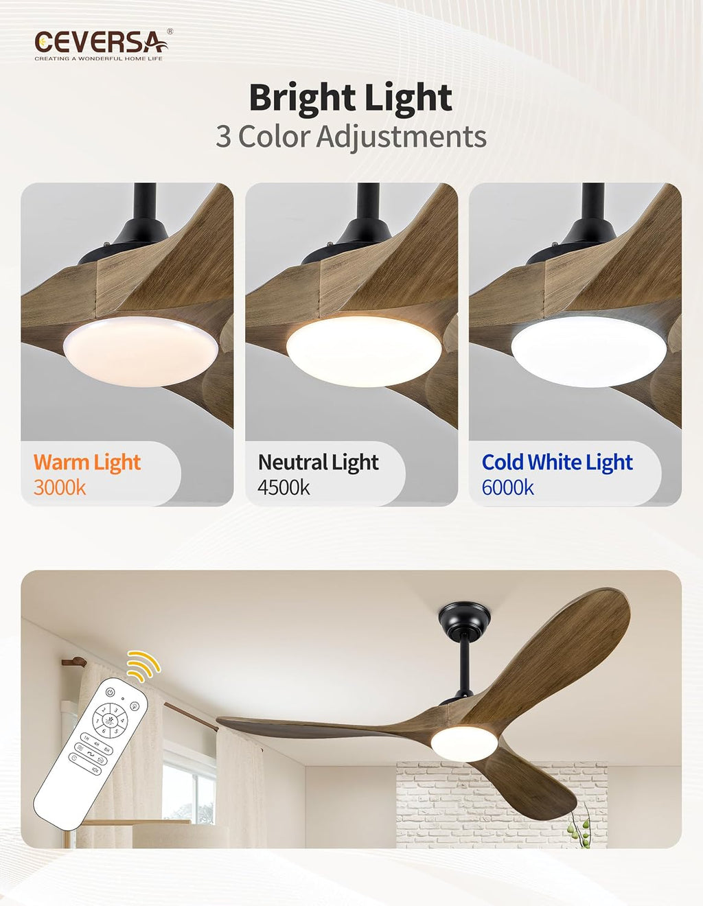 52 Inch Ceiling Fans with Lights and Remote,3 Blades Outdoor Wood Rustic Propeller Grey Ceiling Fans,Quiet Noiseless DC Motor,for Farmhouse,Living Room,Bedroom,Indoor