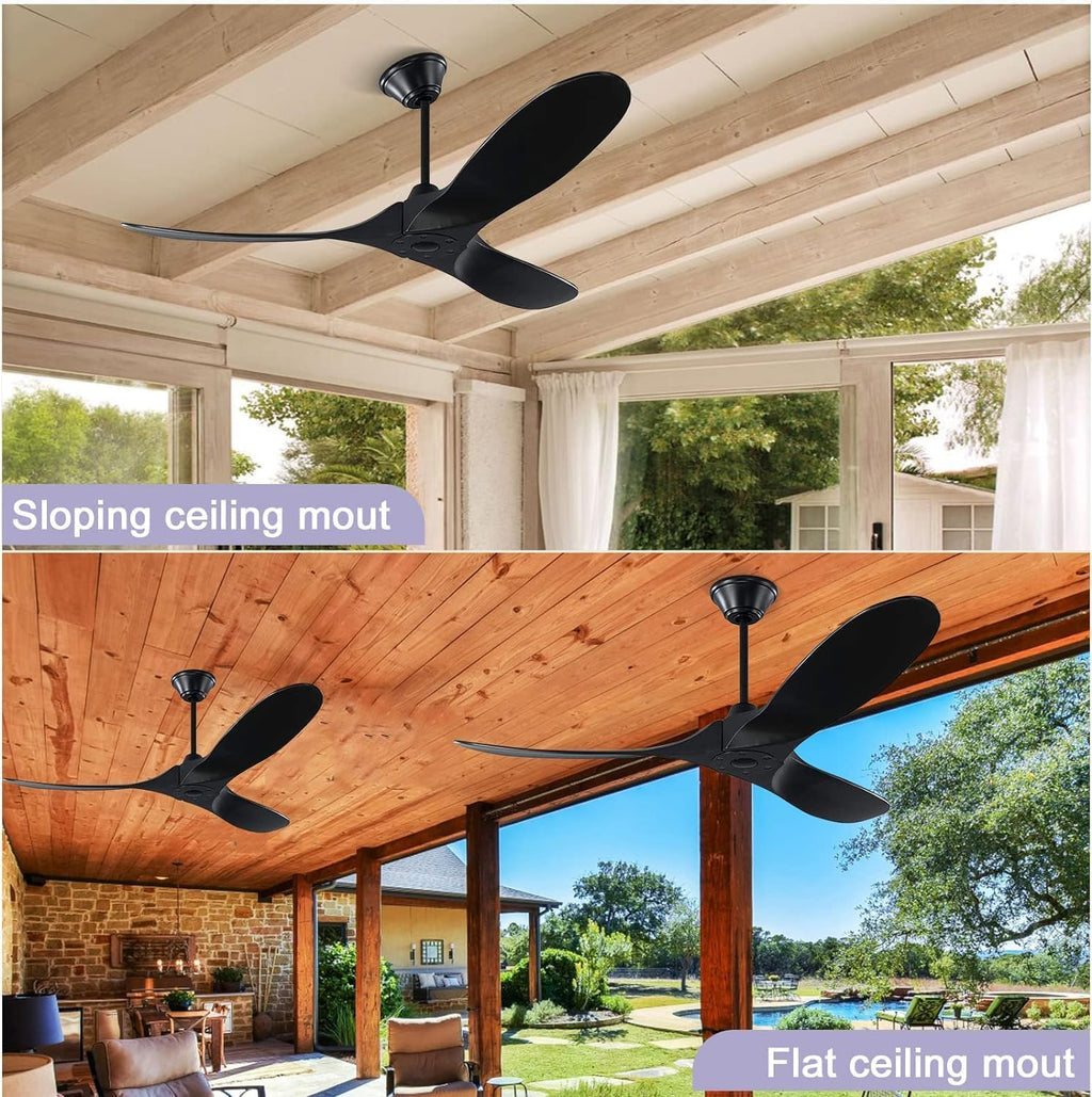 52 Inch Black Outdoor Ceiling Fans without Lights, Modern 3 Blade Wood Ceiling Fan with Remote, Indoor Outdoor Ceiling Fan for Patios Bedroom Commercial,3 Down Rods