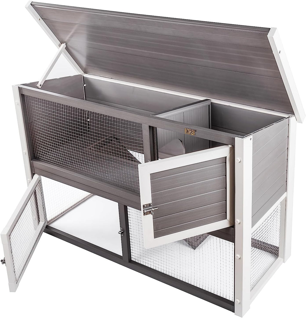 New Age Pet ECOFLEX Columbia Rabbit Hutch - Grey, Dual-Level with Denning Space, Easy Assembly, Moisture & Odor Resistant
