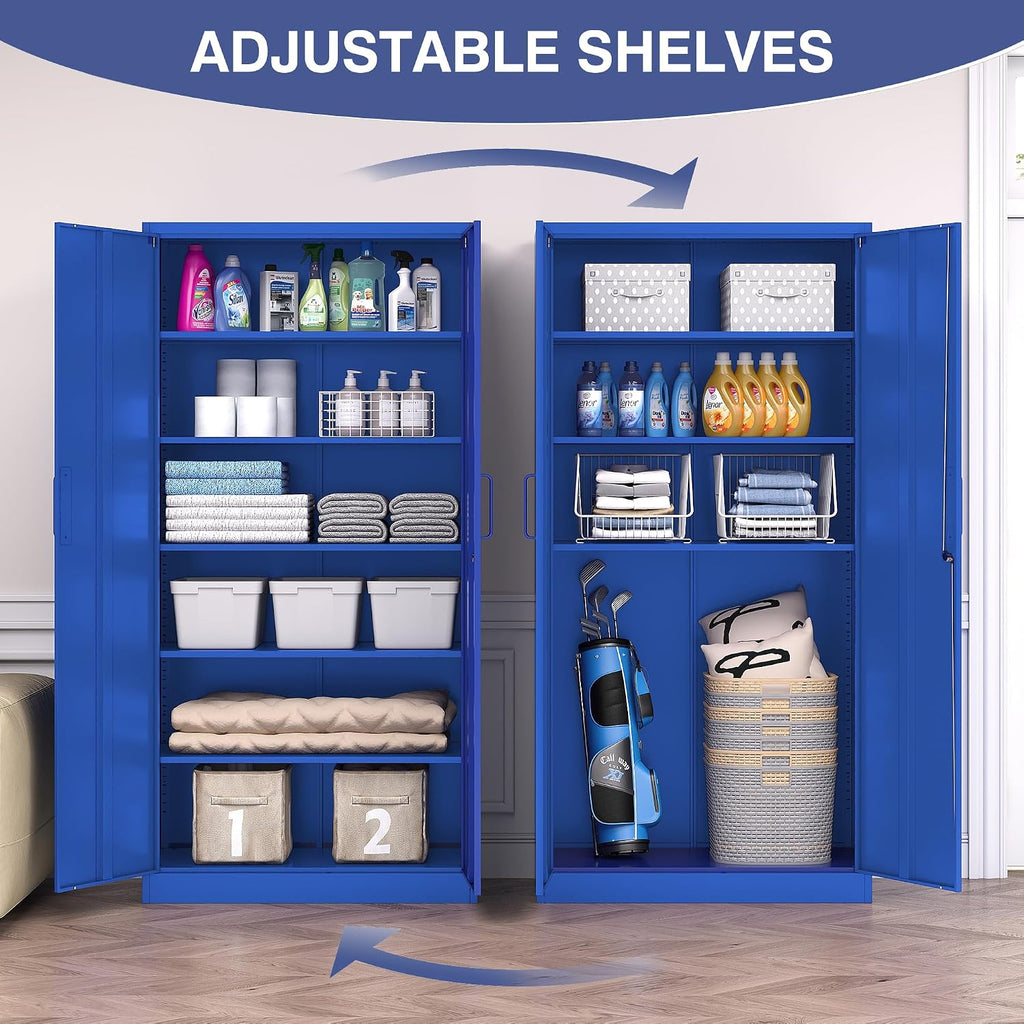 Metal Cabinet with Lock, Tall Storage Cabinet with Door and Adjustable Shelves,Blue Steel Storage Cabinets for Garage,Home Office,Pantry,School,Hospital