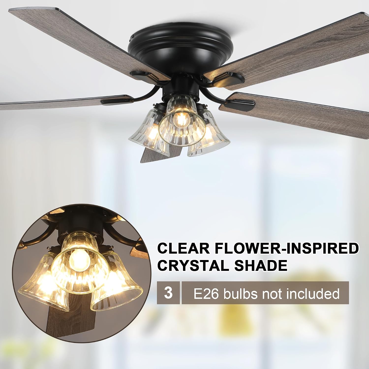 Dawn Whisper 52 Inch Ceiling Fan with Light Flush Mount Classic Vintage Farmhouse Ceiling Fan with 3 E26 Covered Energy Efficient Light Bulbs Base