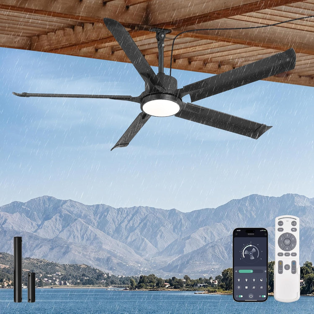 56' Outdoor Ceiling Fan with Lights, IP65 Waterproof Gazebo Fan with Remote Control 6-Speeds DC Motor, Black Plug in Hanging Fan for Patio Porch Pergola(Black)