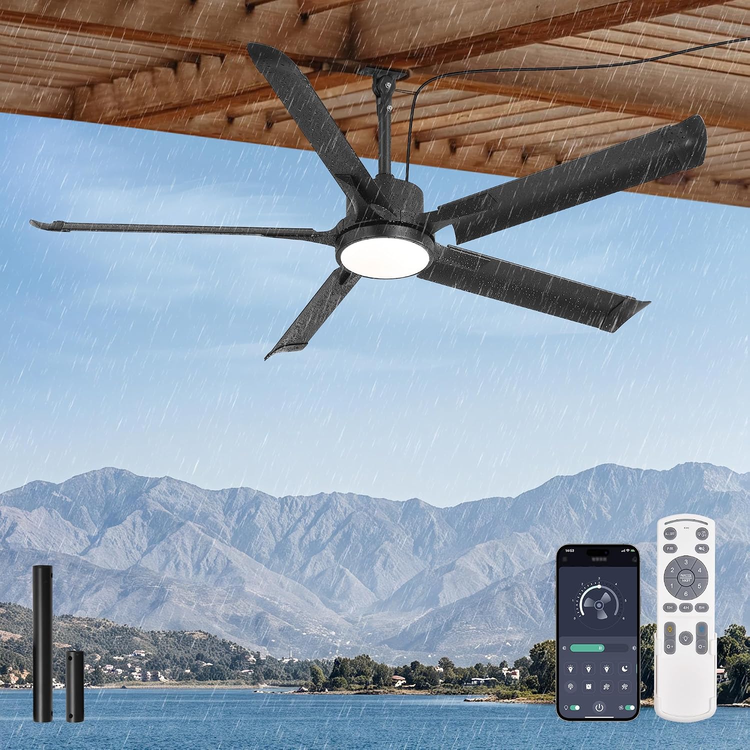 56' Outdoor Ceiling Fan with Lights, IP65 Waterproof Gazebo Fan with Remote Control 6-Speeds DC Motor, Black Plug in Hanging Fan for Patio Porch Pergola(Black)