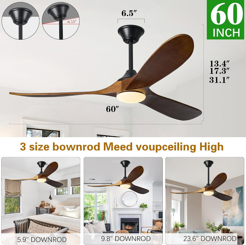 60 Inch Solid Wood Ceiling Fans with Lights, Remote APP Control 3 Propeller Blades Indoor Outdoor Ceiling Fan, Large Airflow Noiseless DC Motor Wooden Ceiling Fan for Patio Living Rooms Farmhouse