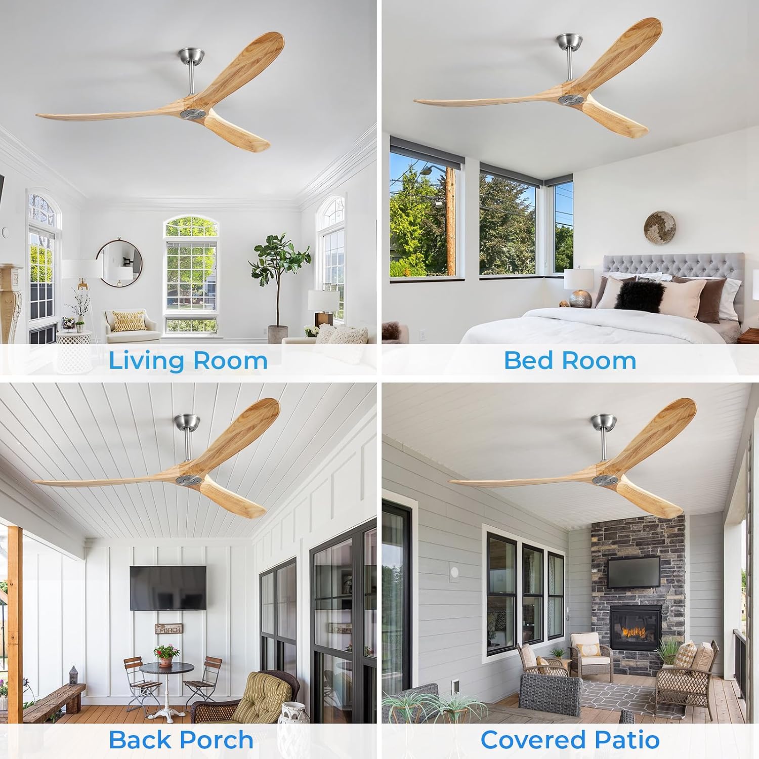 Ceiling Fan No Light, 72 Inch Natural Solid Wood Blades, 6 Speeds, Timer Function, Quiet Motor, Indoor Large Ceiling Fan for Living Room, Patio, Bedroom, Farmhouse Style