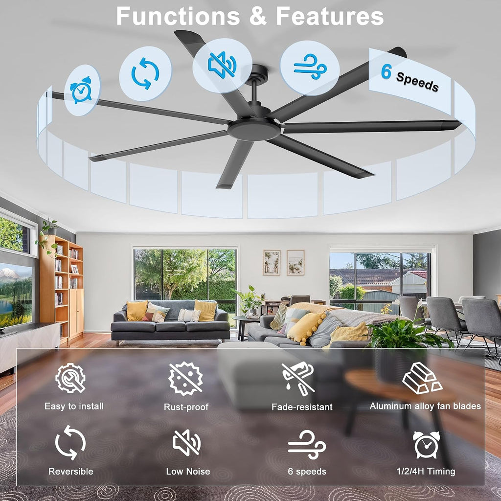 Ohniyou 84'' Ceiling Fan No Light, Black Industrial Ceiling Fan with Remote/APP, Aluminum Blades, 11000 CFM DC Motor for Shop, Warehouse, Garage, Patios