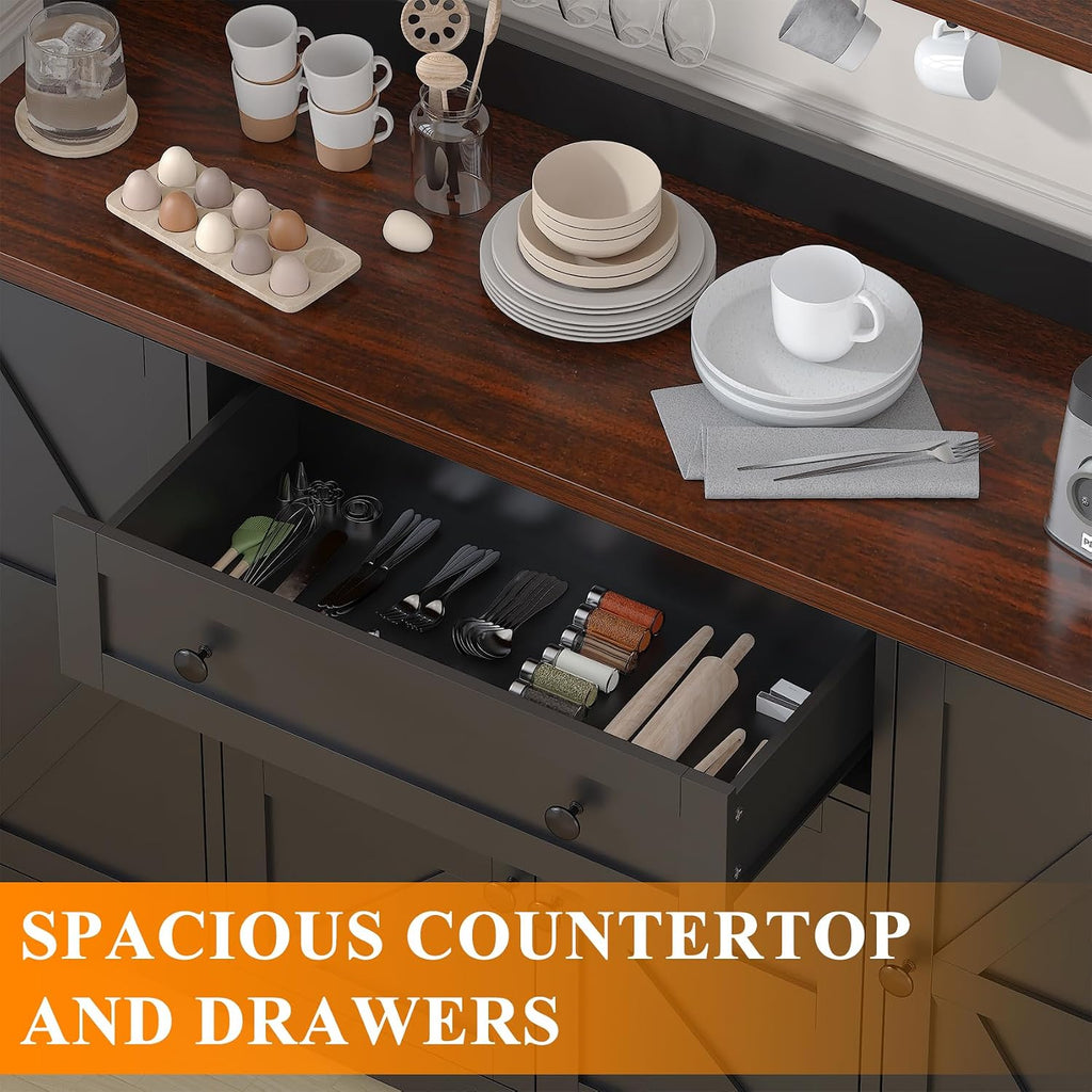 VVFLU Hutch Storage Buffet Cabinet with Drawers, and Charging Station, Coffee Bar Cabinet with Barn Doors, Wine Rack and Hooks, White Wood Sideboard Buffet for Kitchen, Dining Room, 47.8' High