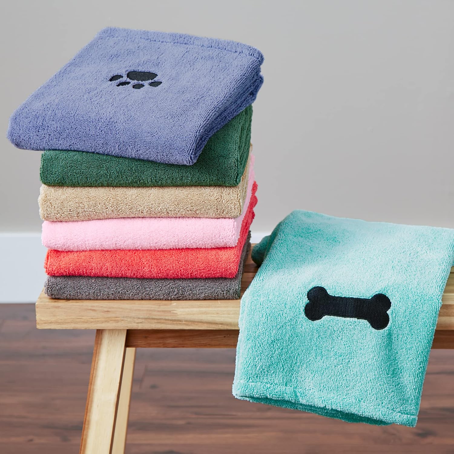 Bone Dry Pet Grooming Towel Collection Absorbent Microfiber X-Large, 41x23.5, Embroidered Green (Pack of 12)
