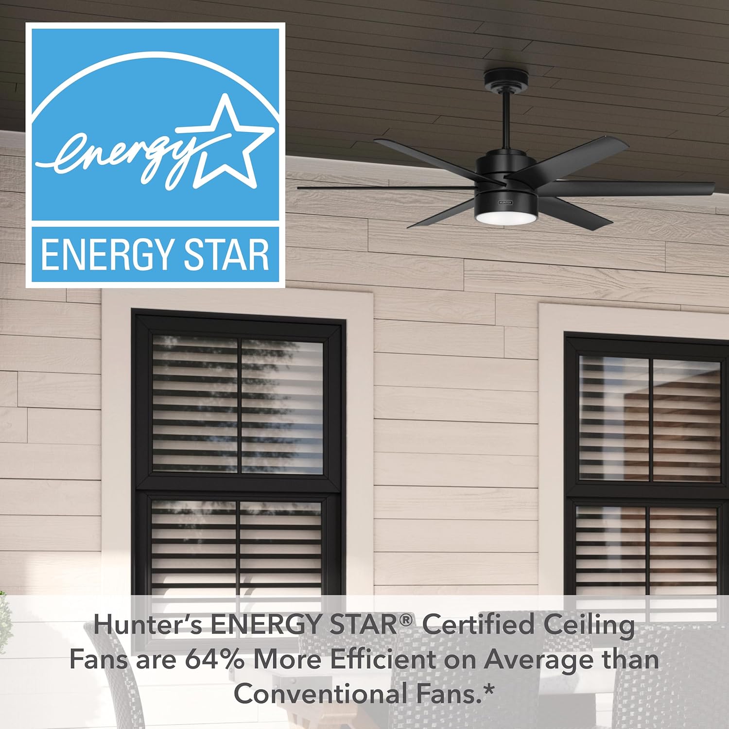 Hunter 60 inch Outdoor or Indoor Ceiling Fan with LED Light - Black Ceiling Fan with Wall Control, For Patio, Garage, or Porch, Quiet, Standard Mount, 6 Blades - Solaria 59624, Matte Black
