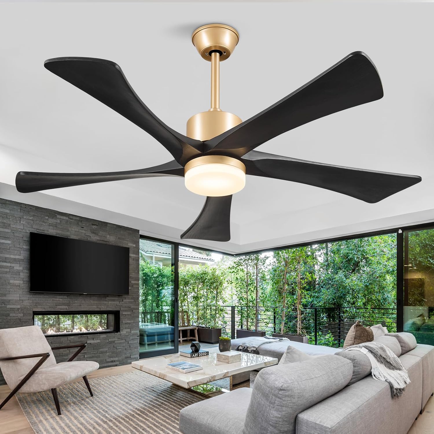 52' Black and Gold Ceiling Fan with Lights and Remote, Indoor/Outdoor Ceiling Fan for Patios, USA Original Patent, ETL Listed, 3 Downrod, 5 Blades, 6 Speeds Reversible DC Motor Fan, 52', Gold Black