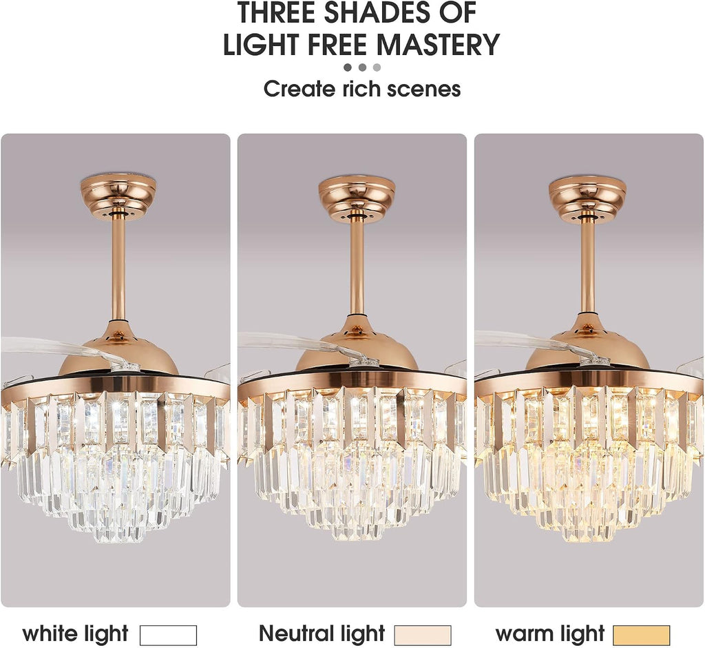 Crystal LED Ceiling Fans with Lights and Remote Controller 42 Inches Modern Fandelier Ceiling Lighting Fixture Crystal Fan Light Kit for Bedroom Dinning Room Living Room (Gold)