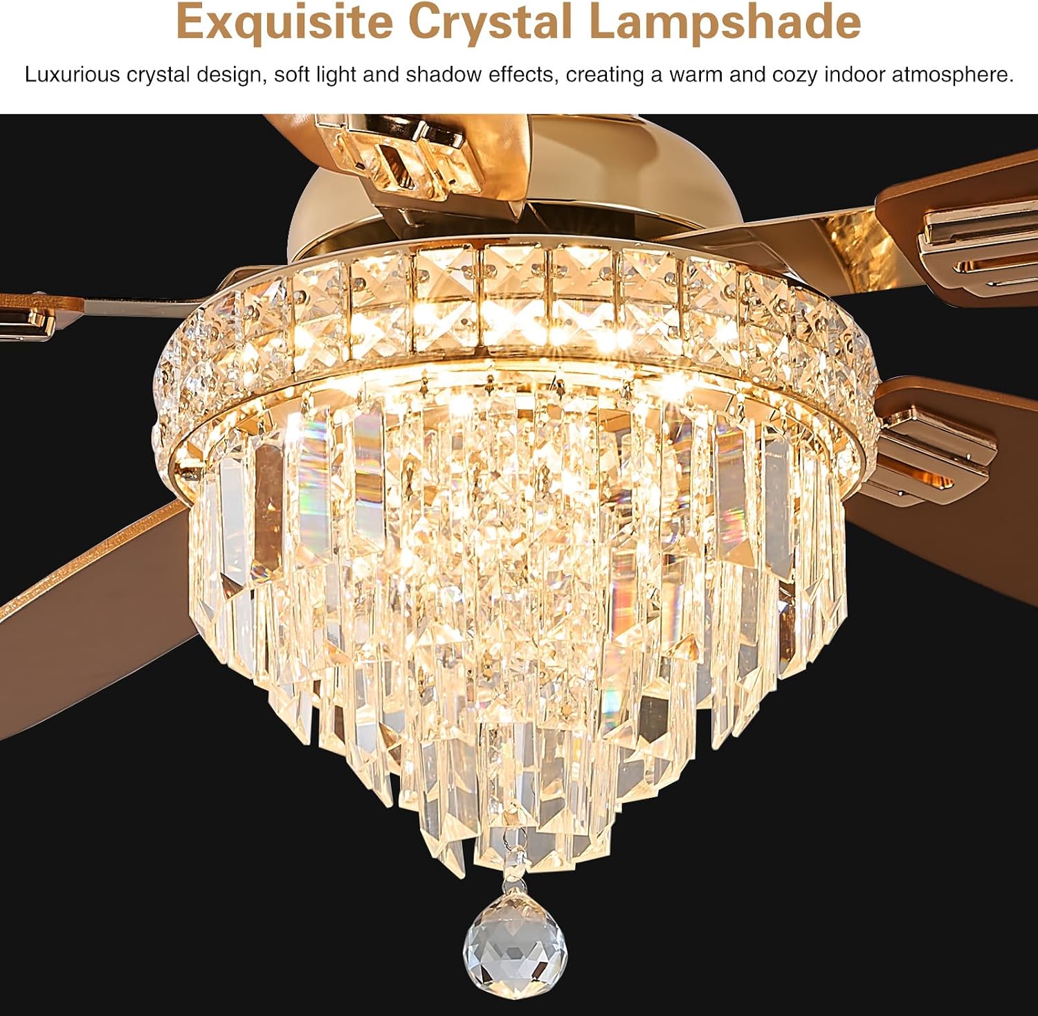 Crystal Ceiling Fan Fandelier with Lights-Ceiling Fans with Lights,50' Low Profile and Remote Control, Flush Mount, Reversible, Dimmable, Noiseless,Ceiling Fan for Bedroom（Gold）