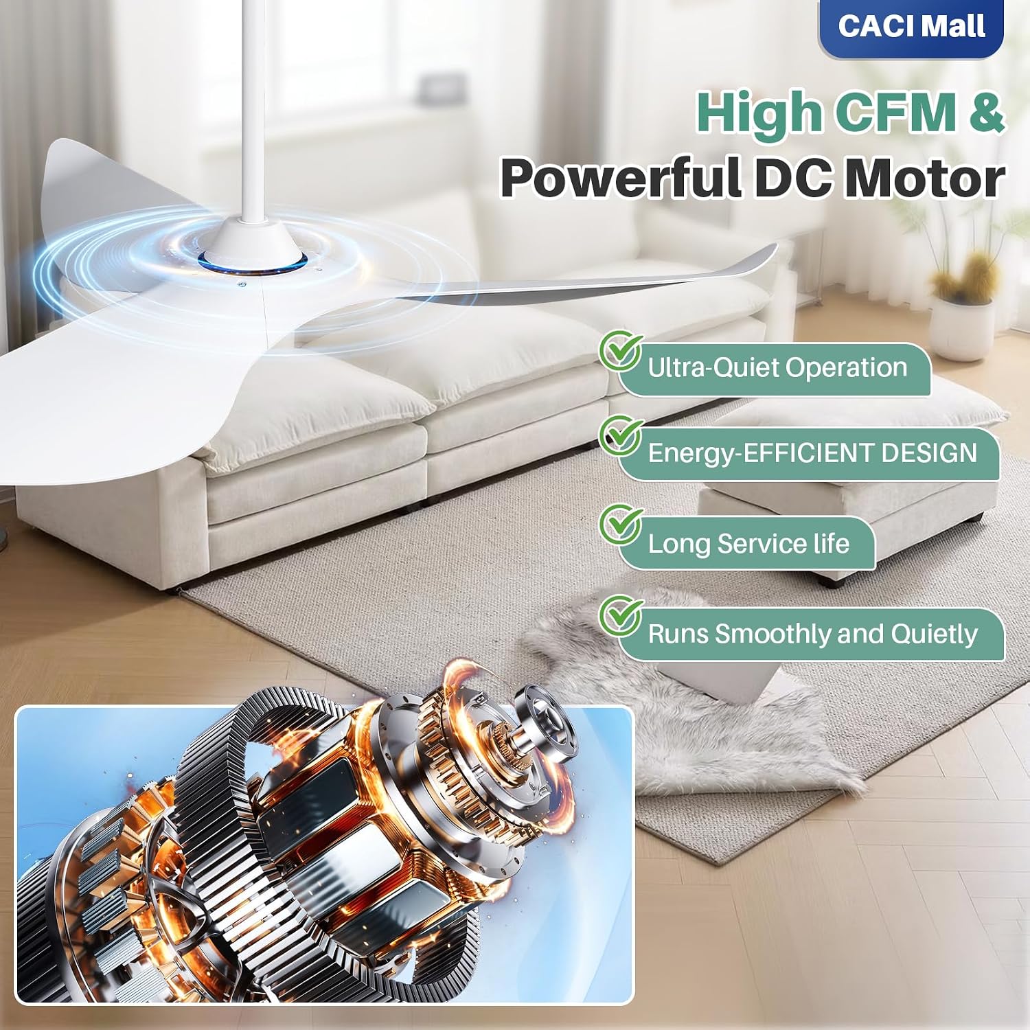 CACI Mall 52' White Ceiling Fan No Light, Modern, Remote Control, Low Profile, 3 Blades Ceiling Fan with Noiseless Reversible Dc Motor for Living room, Bedroom