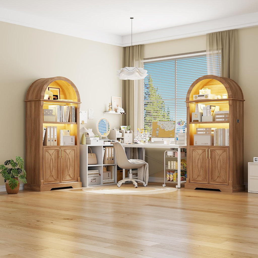 Vlsrka 71' Tall Arched Kitchen Pantry Cabinets, Wood Kitchen Storage Cabinets/Arched Bookshelf/Bookcase,China Cabinet with Open & Adjustable Shelves, Induction LED Light (Brown)