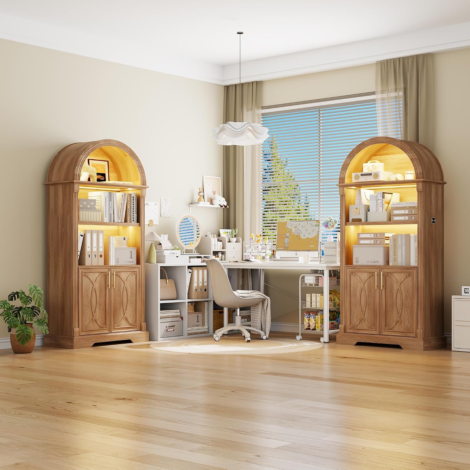 Vlsrka 71' Tall Arched Kitchen Pantry Cabinets, Wood Kitchen Storage Cabinets/Arched Bookshelf/Bookcase,China Cabinet with Open & Adjustable Shelves, Induction LED Light (Brown)