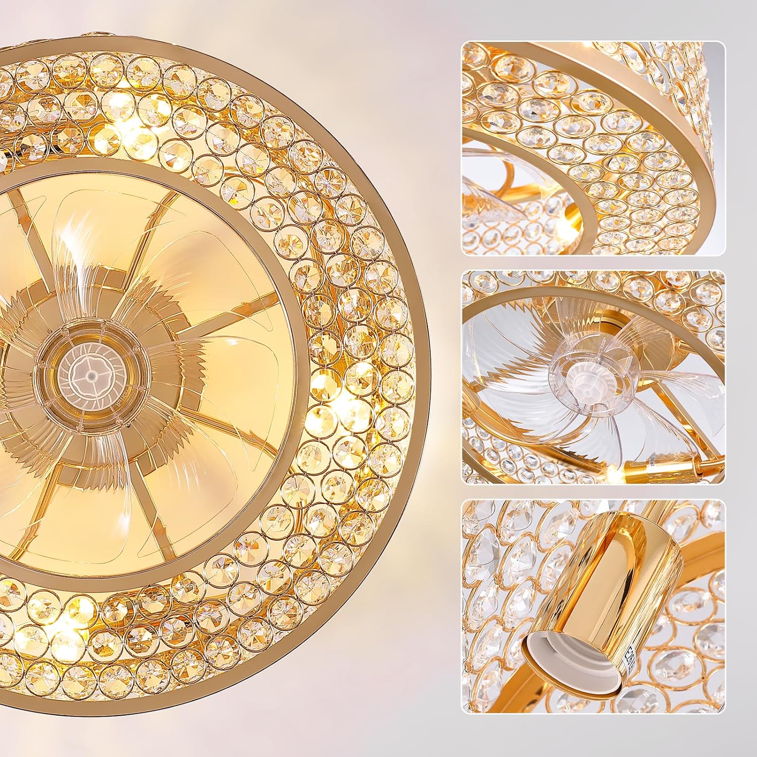 20' Caged Crystal Ceiling Fan with Lights Flush Mount Gold Fandelier Low Profile Chandelier Fan Enclosed Ceiling Fan Light Fixtures with Reversible Motor for Bedroom Kitchen Living Room