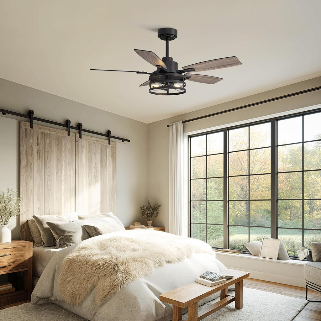42 Inch Flush Mount Ceiling Fans with Lights and Remote Control, Farmhouse Ceiling Fan with LED Lighting for Bedroom Living Room and Patio, Black Caged Ceiling Fan for Indoor and Outdoor(NO Bulbs)
