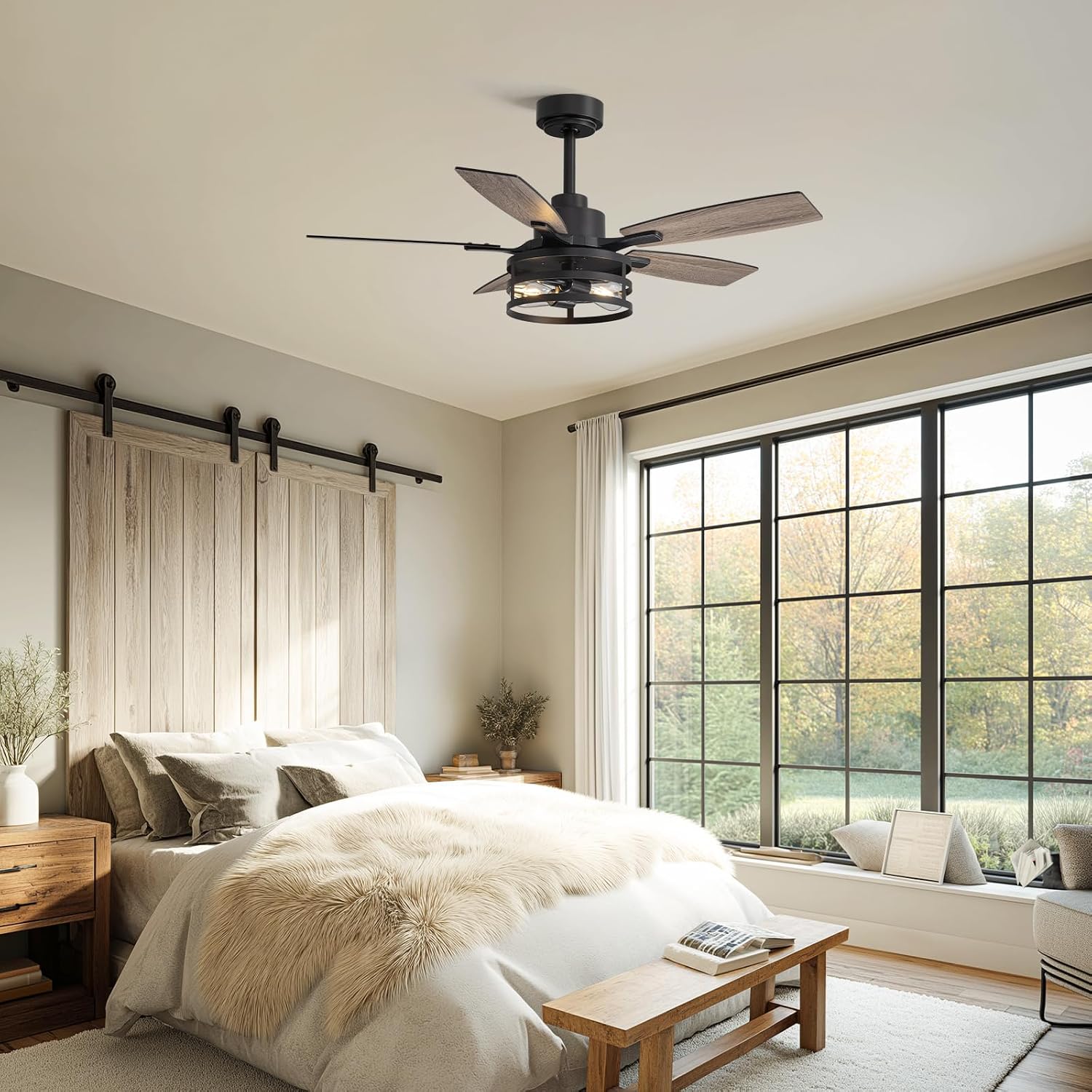 42 Inch Flush Mount Ceiling Fans with Lights and Remote Control, Farmhouse Ceiling Fan with LED Lighting for Bedroom Living Room and Patio, Black Caged Ceiling Fan for Indoor and Outdoor(NO Bulbs)