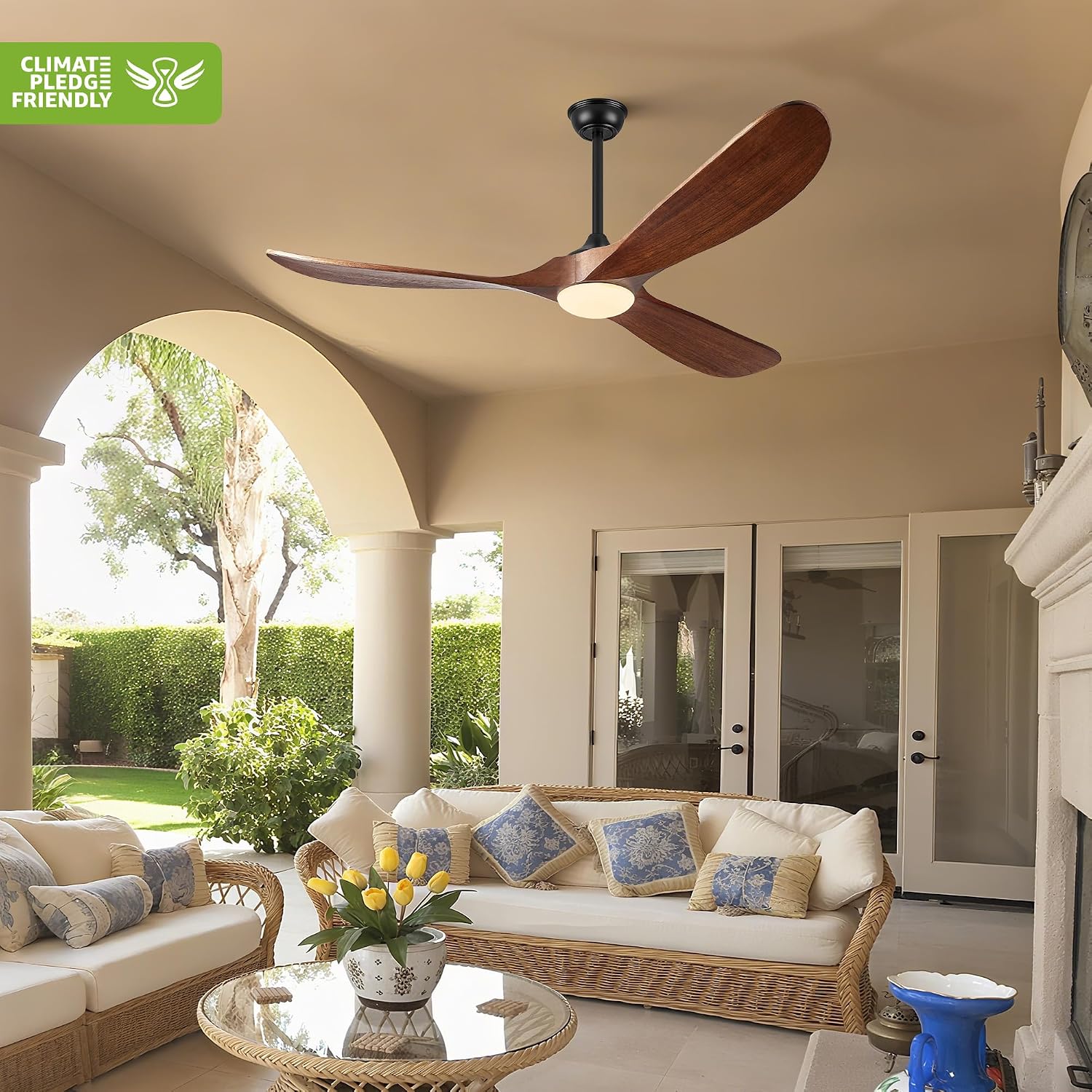 Haipeel 60 Inch Outdoor Ceiling Fans with Lights, Solid Wood Propeller 3 Blades Ceiling Fans with Lights and Remote Control Outdoor Fan for Patios Indoor, High CFM ETL Listed, Dark Walnut
