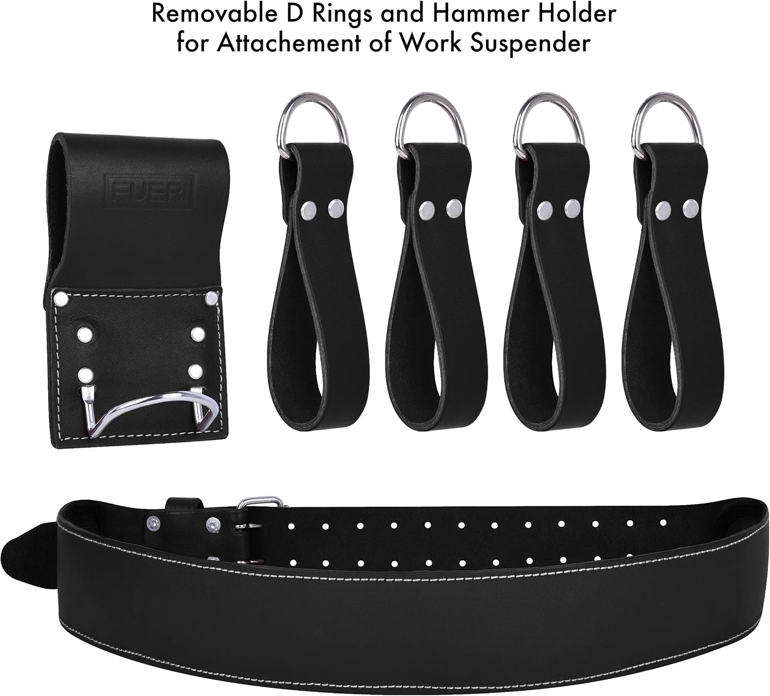 FUERI Full Grain Leather tool belts for men, Heavy-duty Carpenter Tool Rig organizer with 17 Pockets pouches, hammer holder, 4-Suspender loops, and a foam-padded belt for Framers, and Electricians