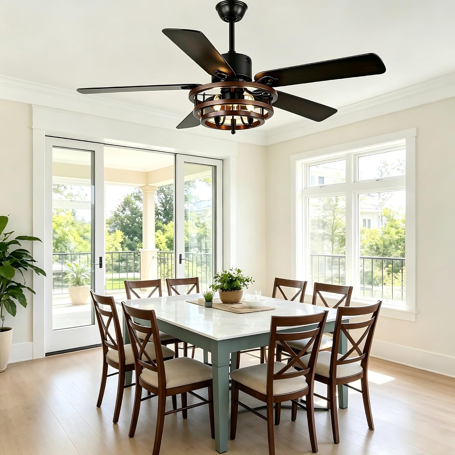 52' Farmhouse Ceiling Fan with Lights and Remote Control, Rustic Fandalier Ceiling Fan DIY Shape Caged Chandelier Light for Living Room Indoor Outdoor, 3 E12 Bulbs (Not Included)