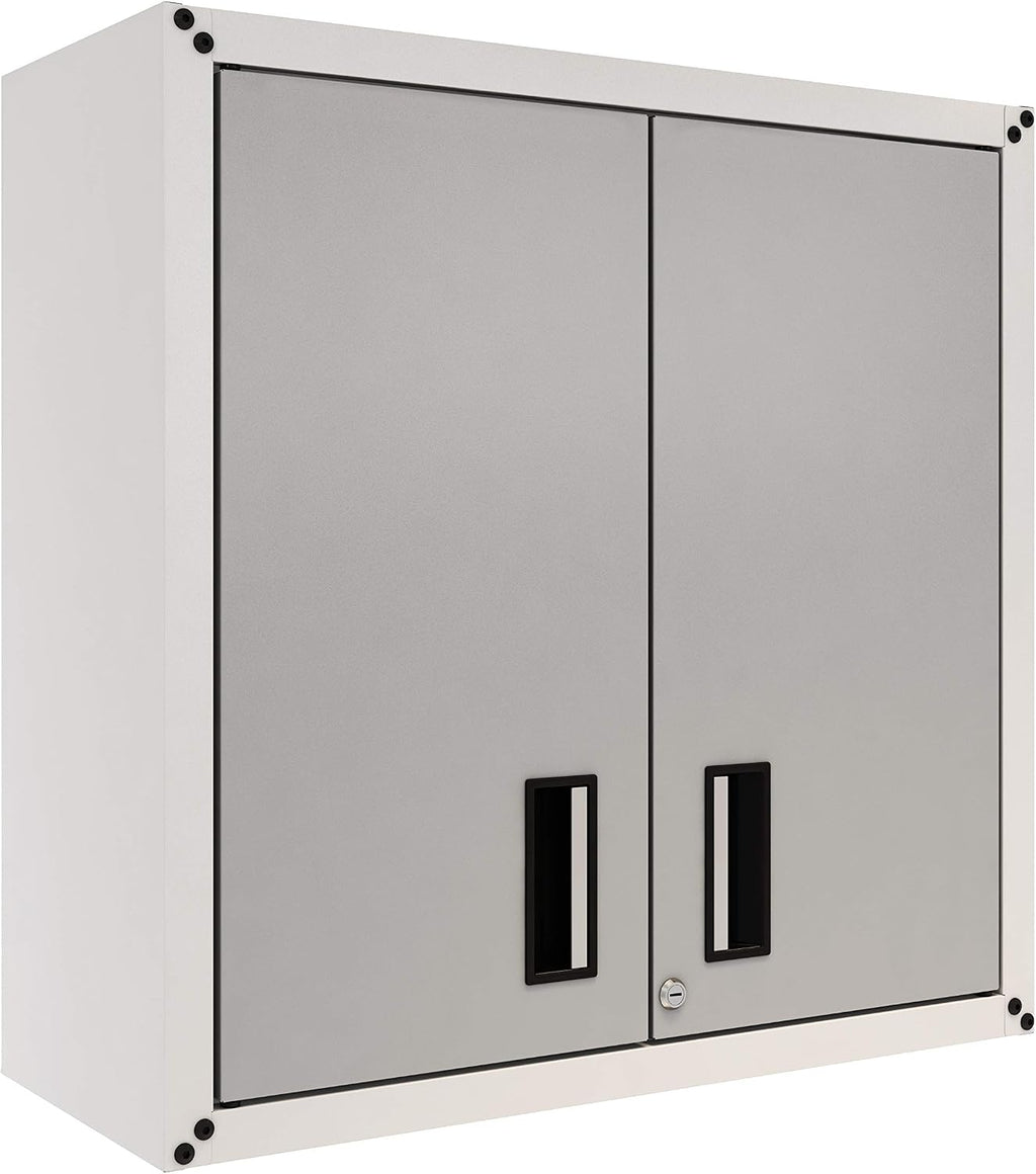 Floating Garage Storage Cabinet - Heavy-Duty Wall Mount Steel Cabinet, Lockable 2-Door Design, Removable Shelf, 44 lbs Capacity, Ready-to-Assemble Metal Garage Organizer (White and Grey)