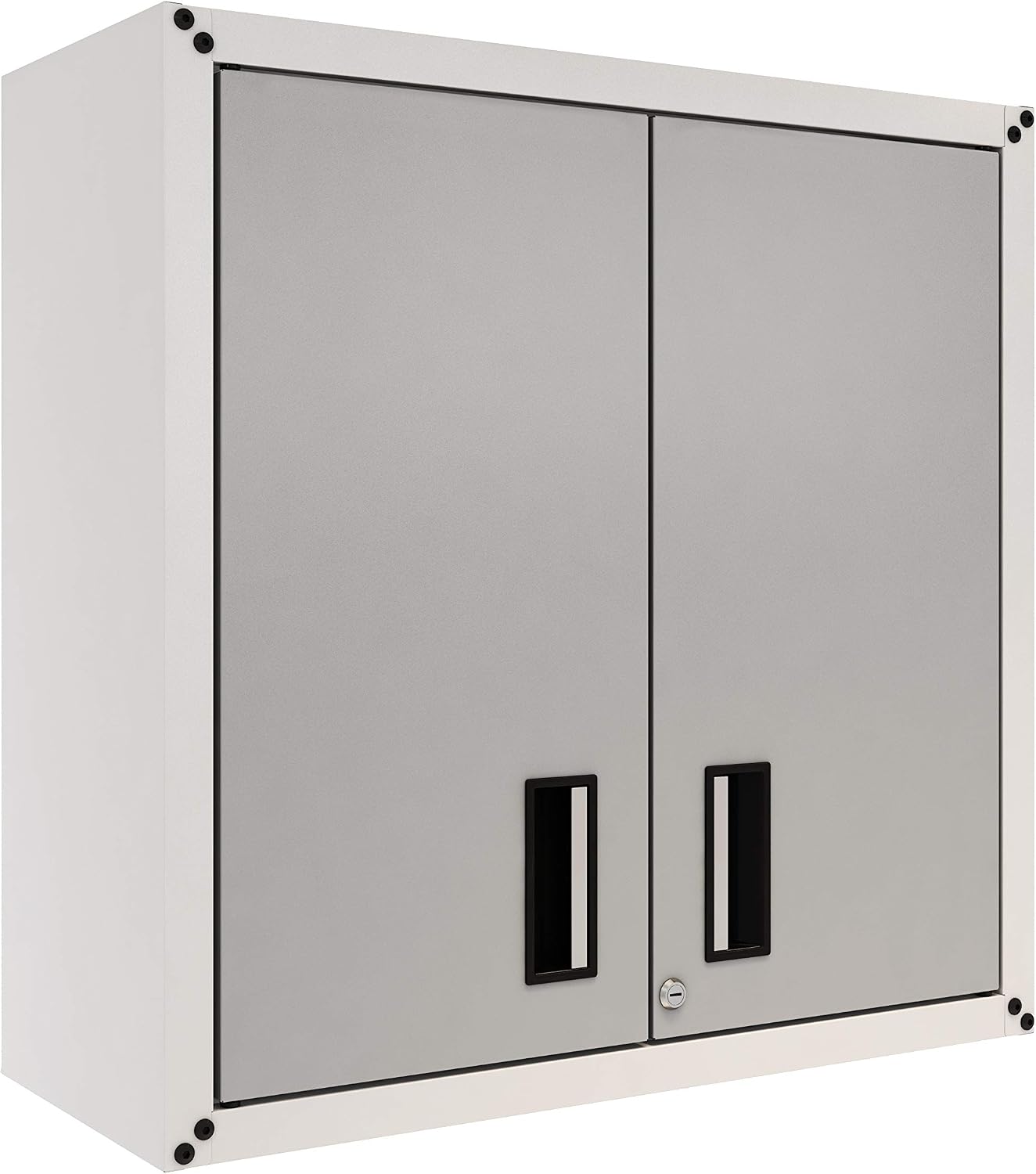 Floating Garage Storage Cabinet - Heavy-Duty Wall Mount Steel Cabinet, Lockable 2-Door Design, Removable Shelf, 44 lbs Capacity, Ready-to-Assemble Metal Garage Organizer (White and Grey)