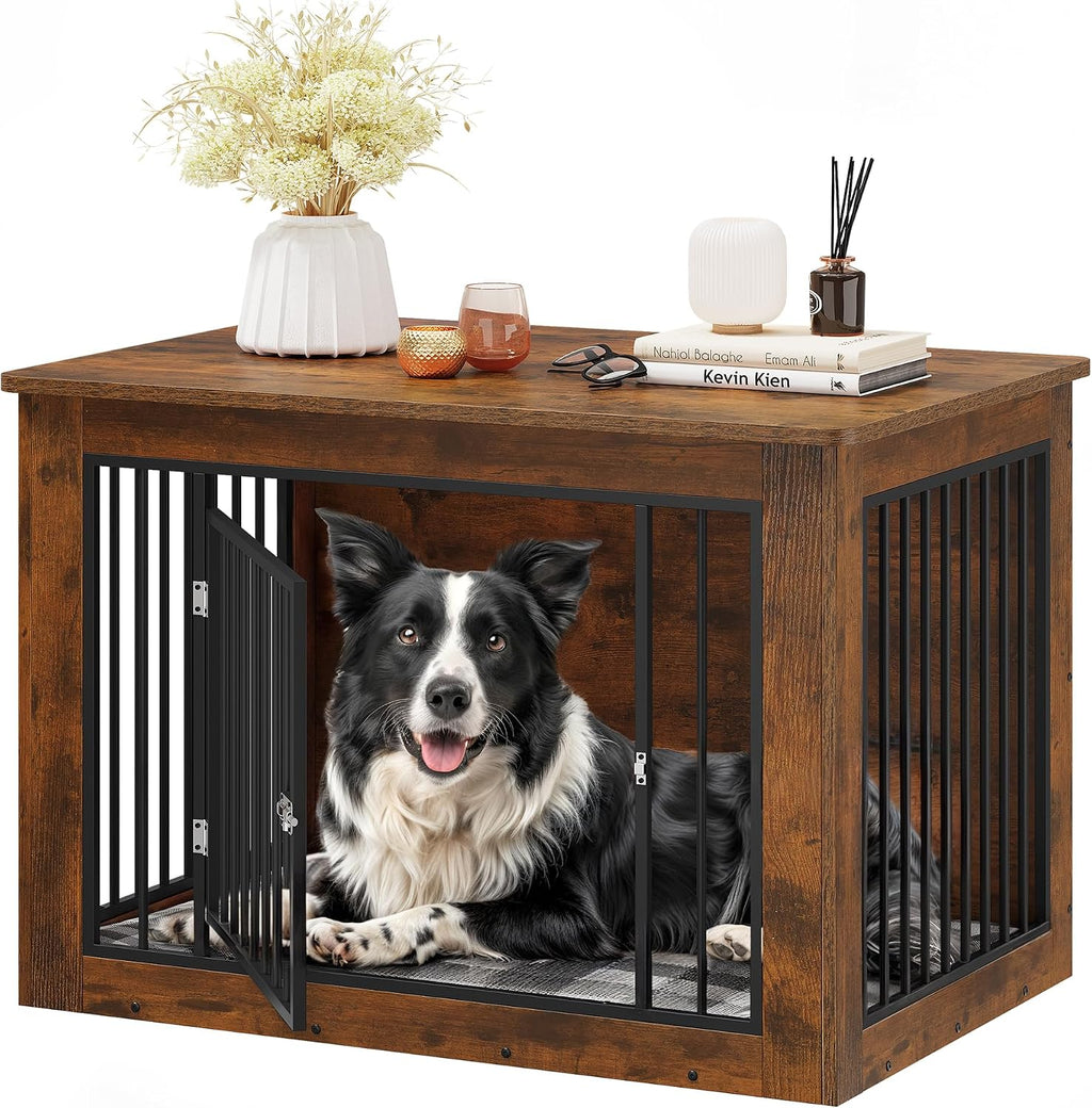 YITAHOME Dog Crate Furniture for Large Dogs, Side End Table, Modern Dogs Kennel Indoor up to 60 lb, 2-in-1 Iron-Wood Fusion Dog Cage with Waterproof Top, Safety Corners, Steel Lock,38'L, Rustic Brown