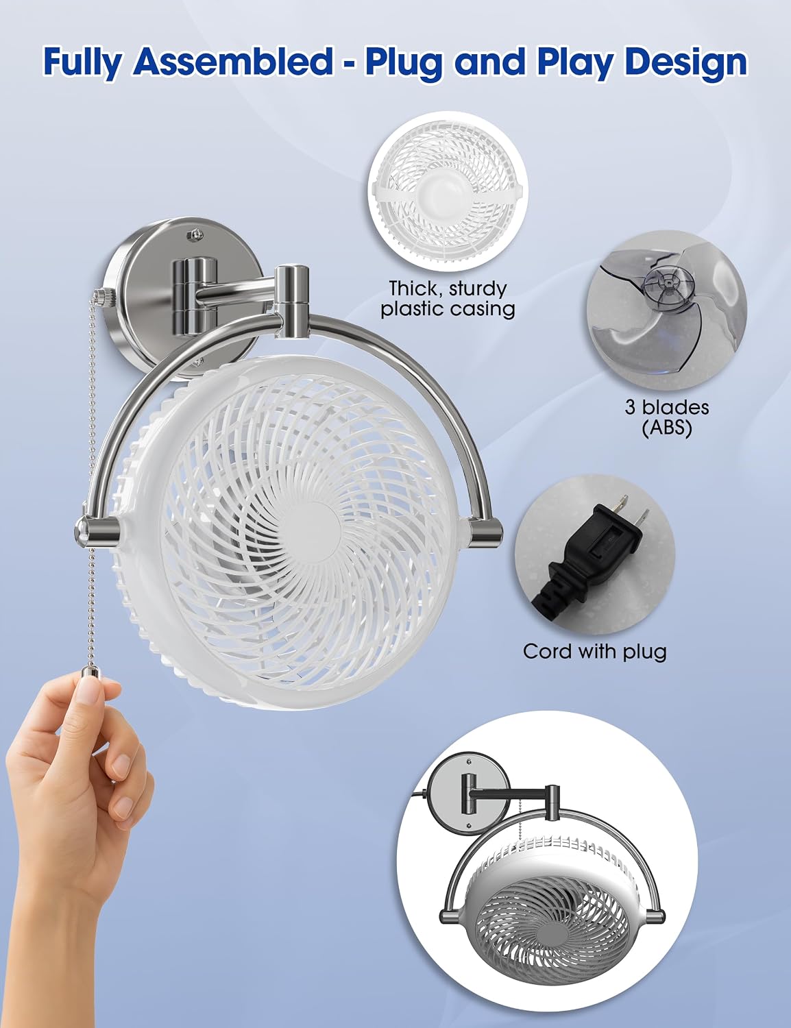 Wall Mount Fans with Pull Chain, 10 Inch Wall Fans Quiet Oscillating Wall-Mounted Fan, Adjustable Folding Arm, 2-Speed Plug-in Ceiling Fan for Bedroom, Living Room, Bathroom, Patio, Kitchen, White
