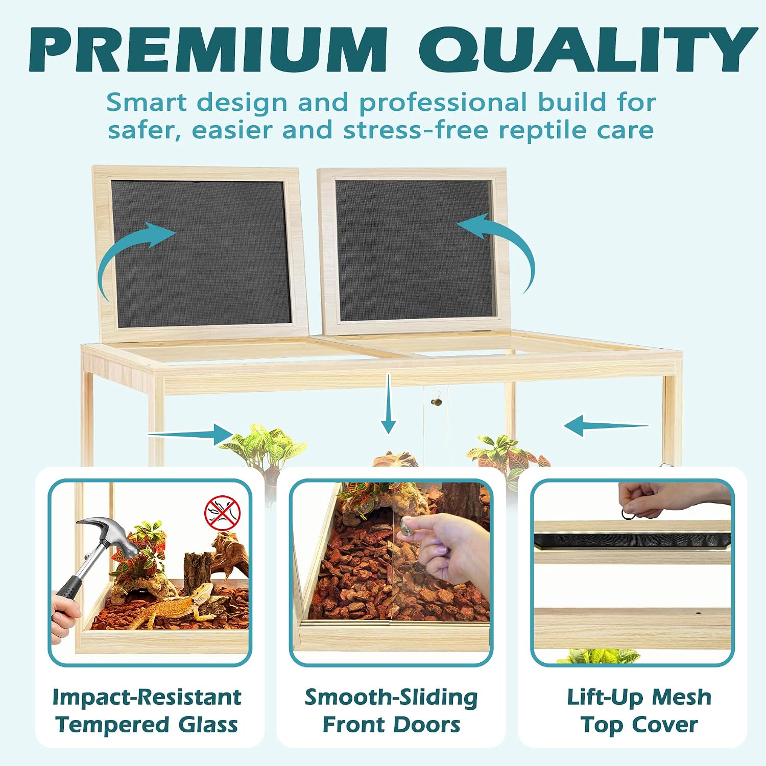 PROLEE Bearded Dragon Tank, Tempered Glass Reptile Encloure and Snake Tank with Metal Mesh Roof Door,Locking Design Reptile Tank for Lizard,Gecko,Chameleon (Oak, 82 Gallon (48x19.5x19.5) Inch)