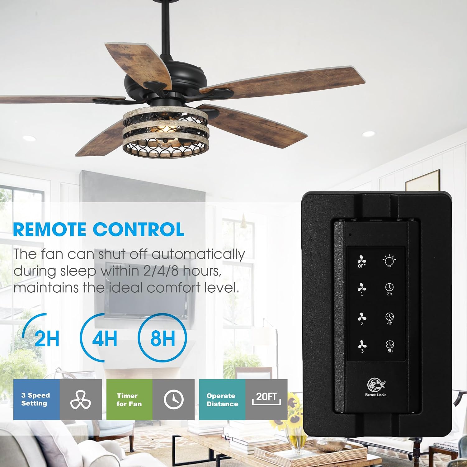 Parrot Uncle Ceiling Fans with Lights and Remote, 52 Inch Farmhouse Ceiling Fan with Light for Bedroom Living Room, Black Outdoor Ceiling Fans for Patios Covered, 3 Speeds, Reversible Airflow