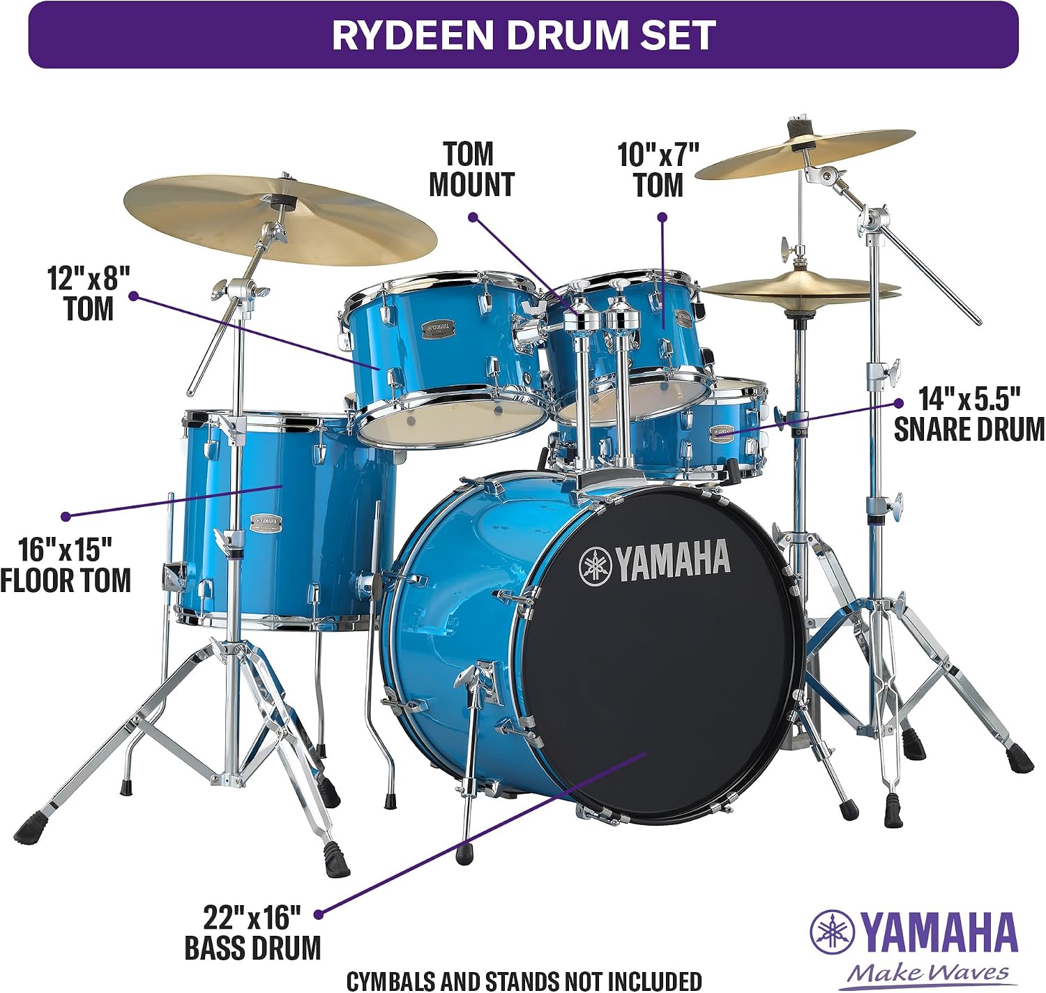Yamaha Rydeen 5-Piece Drum Set With 22' Bass Drum, Floor Tom, 2 Toms With Ball Clamp And Wood Snare Drum, Sky Blue