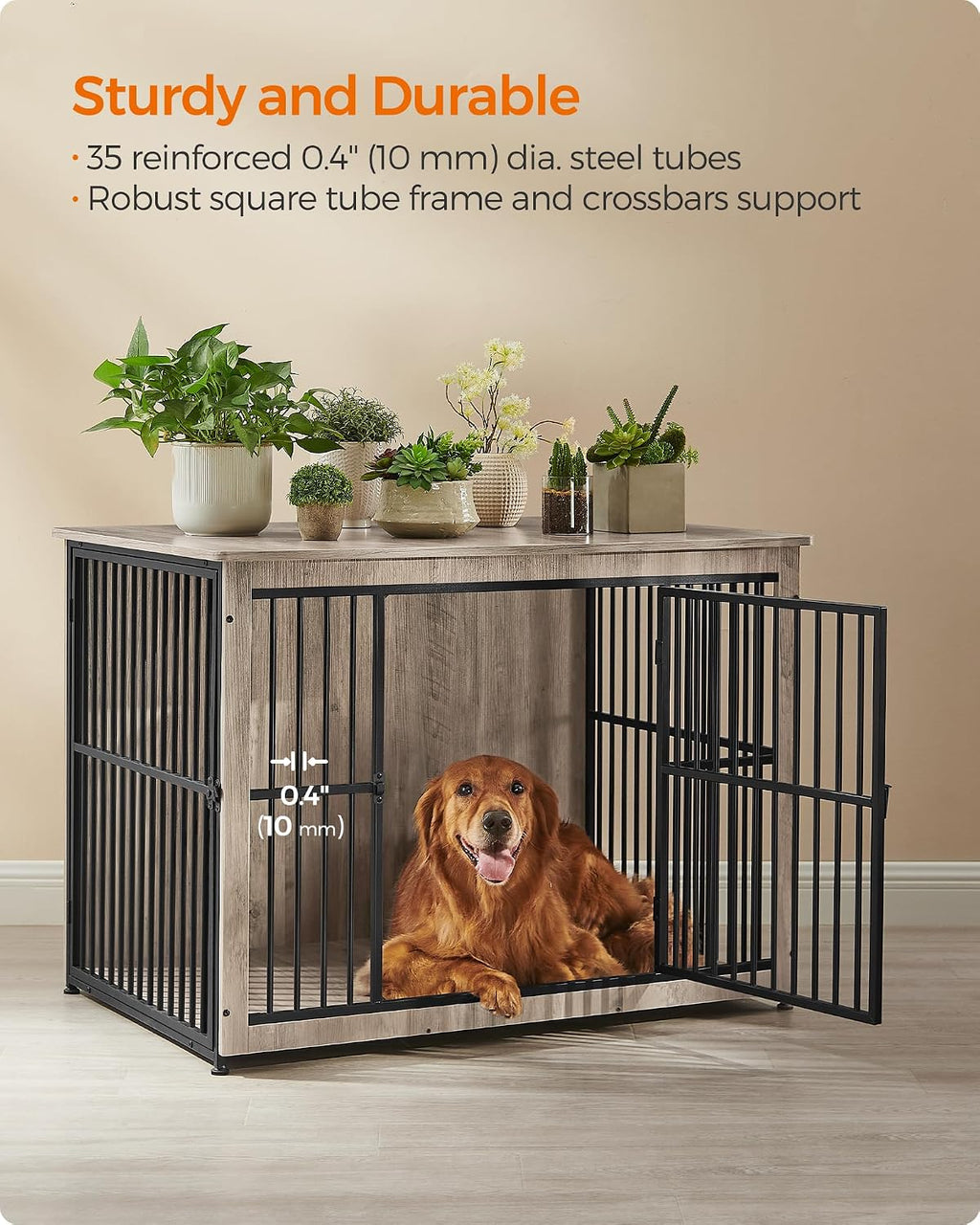 Feandrea 43.3' Dog Crate Furniture, Heavy-Duty Dog Cage Side End Table, XL Pet Wood Kennel for Large and Medium Dogs up to 80 lb with Enclosed Base, Double-Door Pet House, Greige