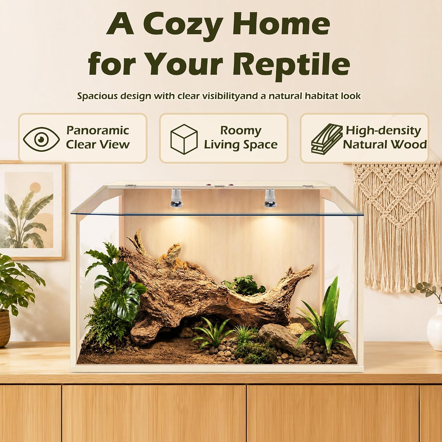 PROLEE Bearded Dragon Tank, Lizard Tank with Clear Tempered Glass, Anti-Scratch Reptile Enclosure, Reptile Tank Built-in Light Fixtures with Switch (24X16X16inch,24 Gallon)