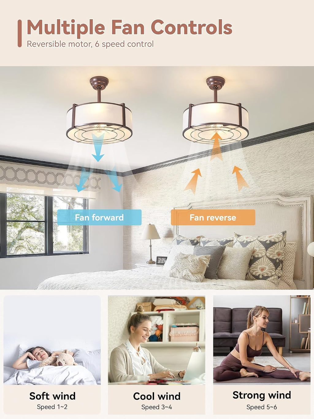 20' Brown Fandelier Ceiling Fans with Lights, Boho Rattan Ceiling Fan with Light Remote Control, Caged Mid-Century Modern with 6 Speeds for Bedroom, Nursery, Living Room