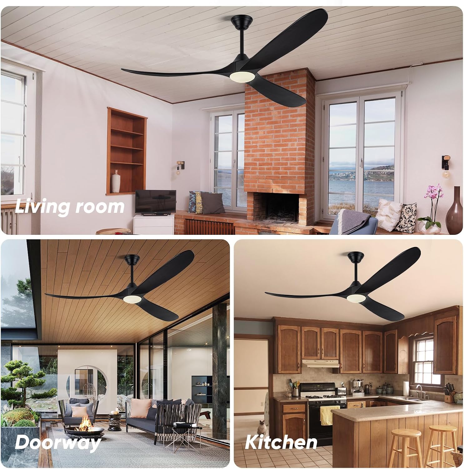 70 Inch Black Outdoor Ceiling Fan with Lights, Damp Rated for Patio Porch, High CFM Quiet DC Motor, 3 Solid Wood Propeller Blades, Modern Rustic Farmhouse Style, for Large Living Room Commercial Use