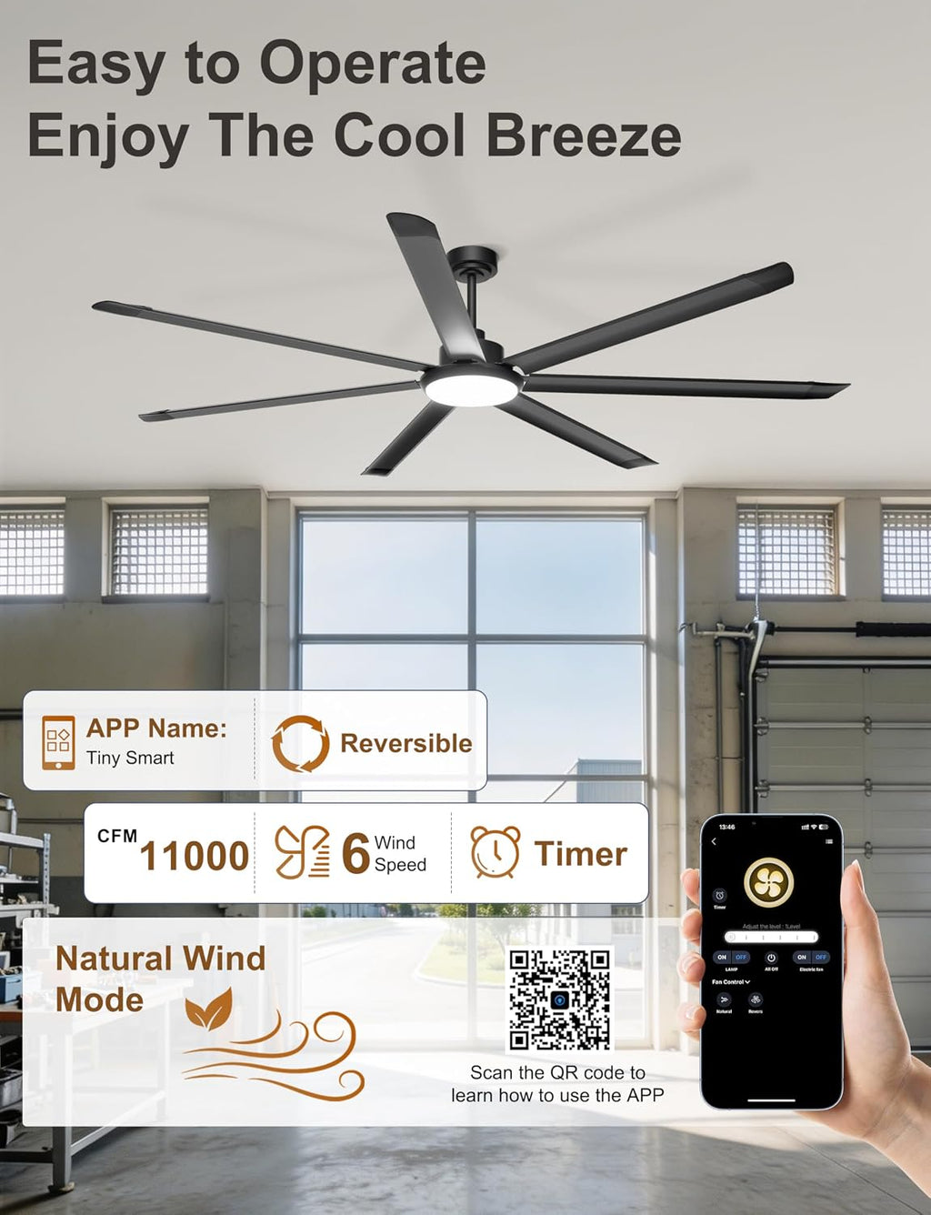 Ohniyou 84'' Large Ceiling Fan with Lights, High CFM Industrial Ceiling Fan Remote/APP Control, 7 Aluminum Blades, 3CCT, for Warehouse, Shop, Gym, Black