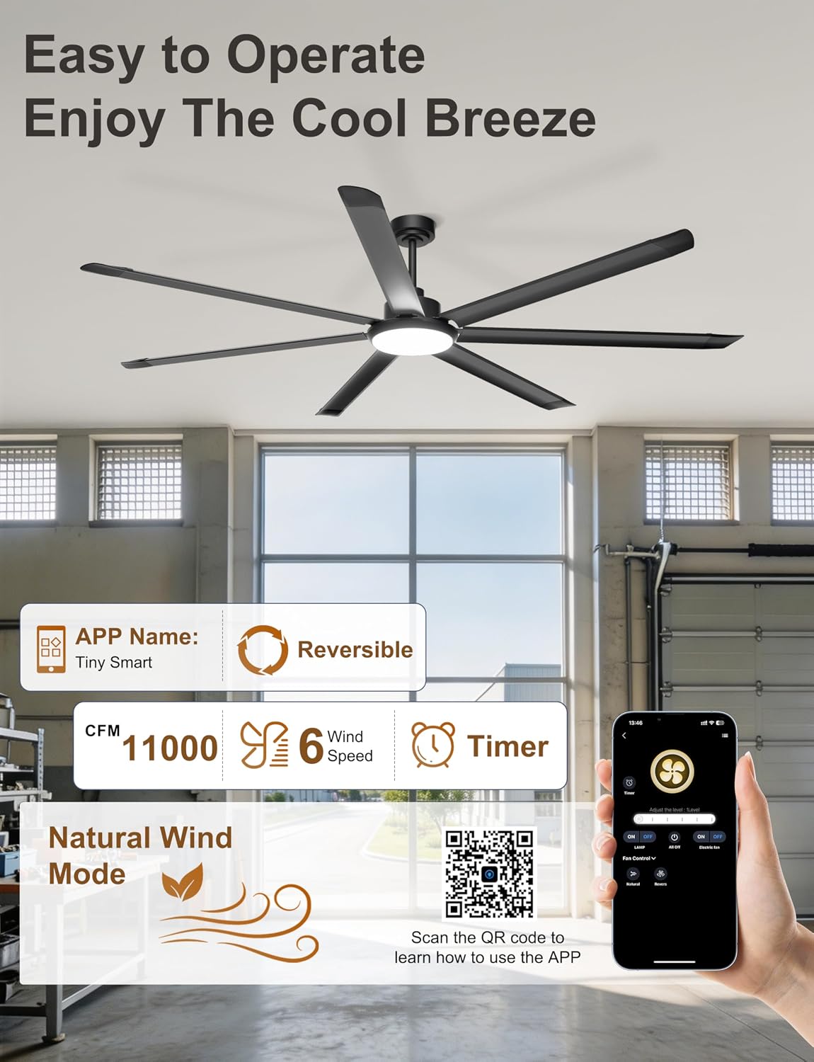 Ohniyou 84'' Large Ceiling Fan with Lights, High CFM Industrial Ceiling Fan Remote/APP Control, 7 Aluminum Blades, 3CCT, for Warehouse, Shop, Gym, Black