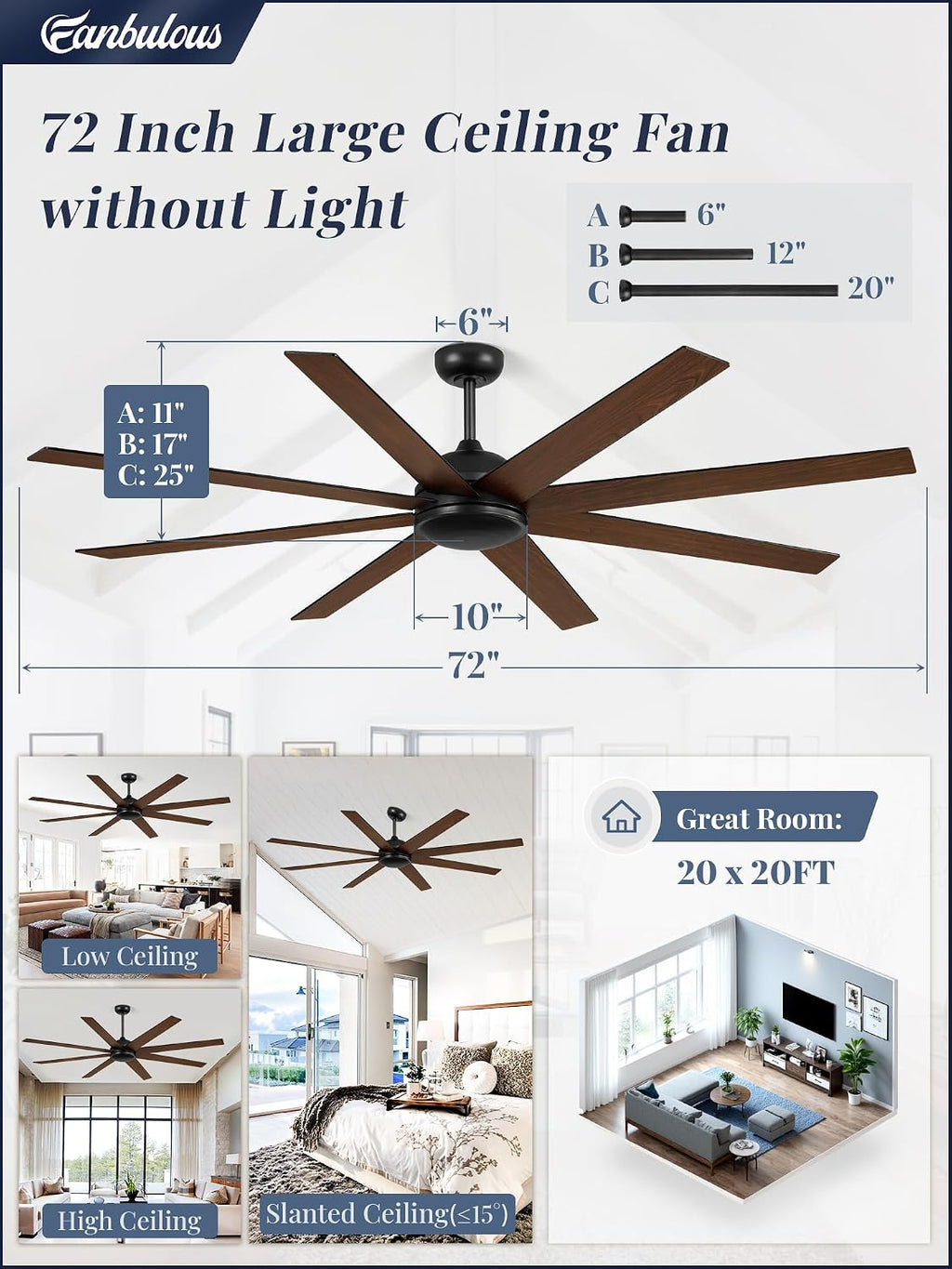 72 Inch Ceiling Fan no Light, Black Ceiling Fan with Remote, 6-Speeds, Quiet Reversible DC Motor, Industrial Ceiling Fans without Lights for Living Room, Garage, Patio, Indoor/Outdoor Use