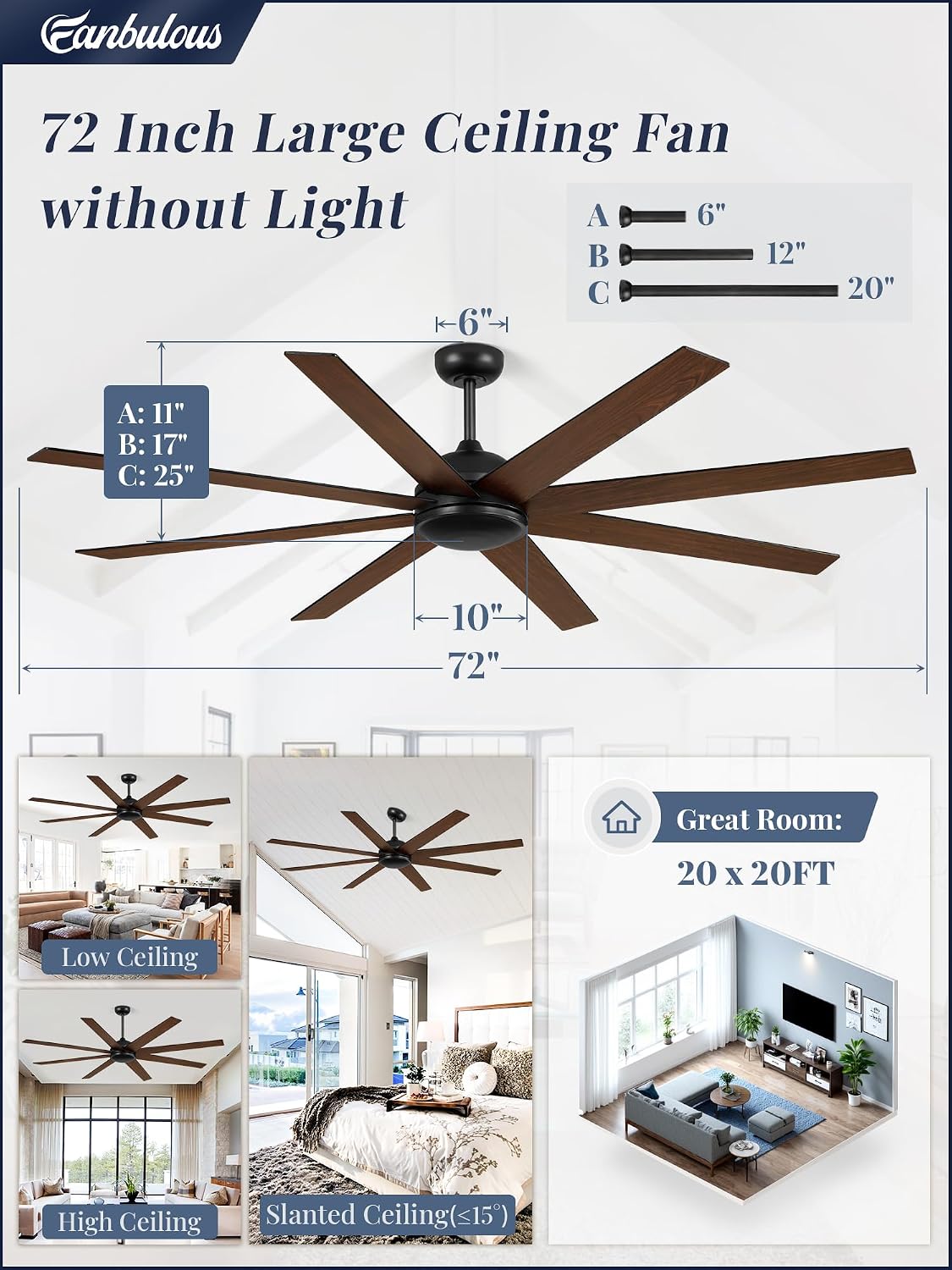 72 Inch Ceiling Fan no Light, Black Ceiling Fan with Remote, 6-Speeds, Quiet Reversible DC Motor, Industrial Ceiling Fans without Lights for Living Room, Garage, Patio, Indoor/Outdoor Use