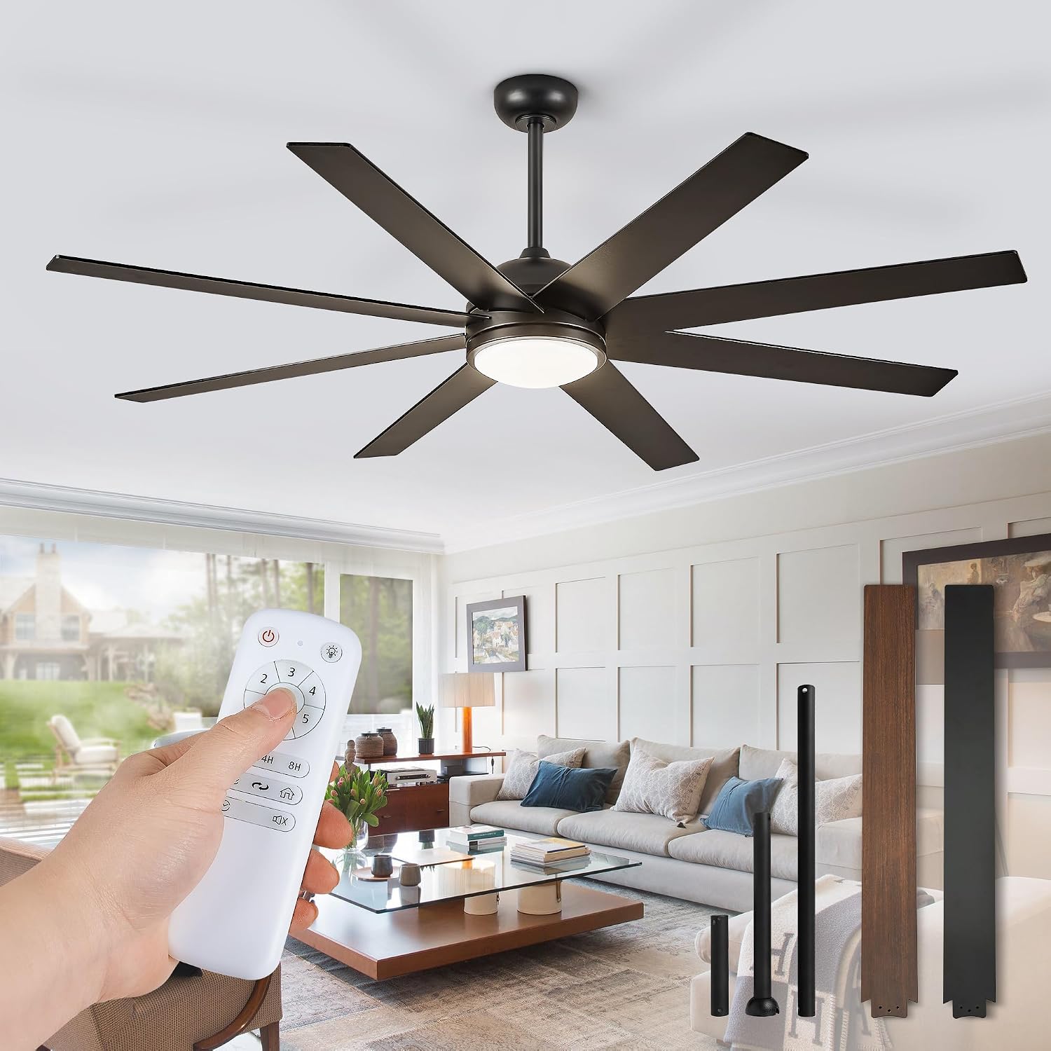 Fanbulous Ceiling Fan with Light, 72 inch Large Black Ceiling Fan with Light and Remote, Indoor/Outdoor use for Living Room Patio, 6 Speeds, Reversible Quiet DC Motor, 3 CCT, 8 Blades